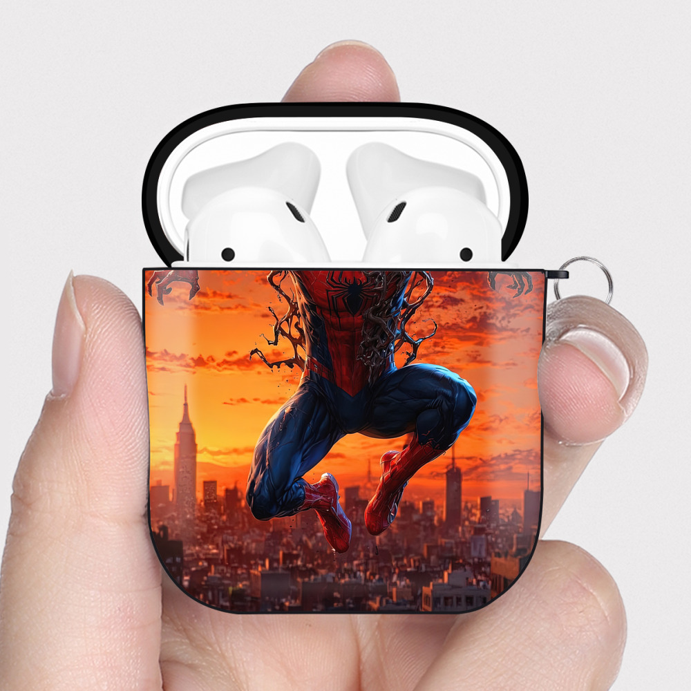 Spider Man スパイダーマン AirPods 第2世代保護ケース ハードシェル ブラック 耐衝撃・防指紋・カラビナ付き
