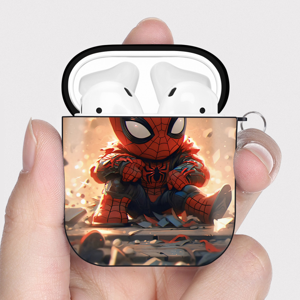 （画像用） Spider Man スパイダーマン AirPods 第2世代保護ケース ハードシェル ブラック 耐衝撃・防指紋・カラビナ付き
