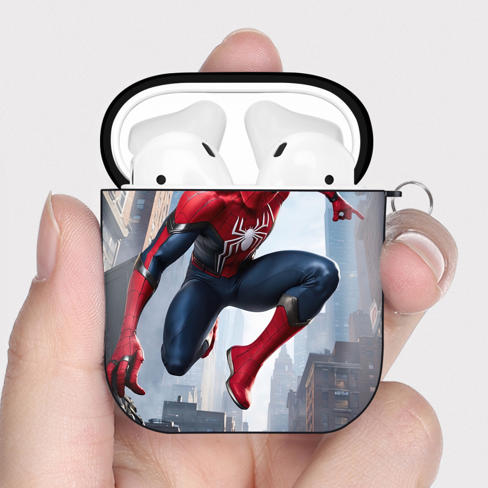 （画像用） Spider Man スパイダーマン AirPods 第2世代保護ケース ハードシェル ブラック 耐衝撃・防指紋・カラビナ付き