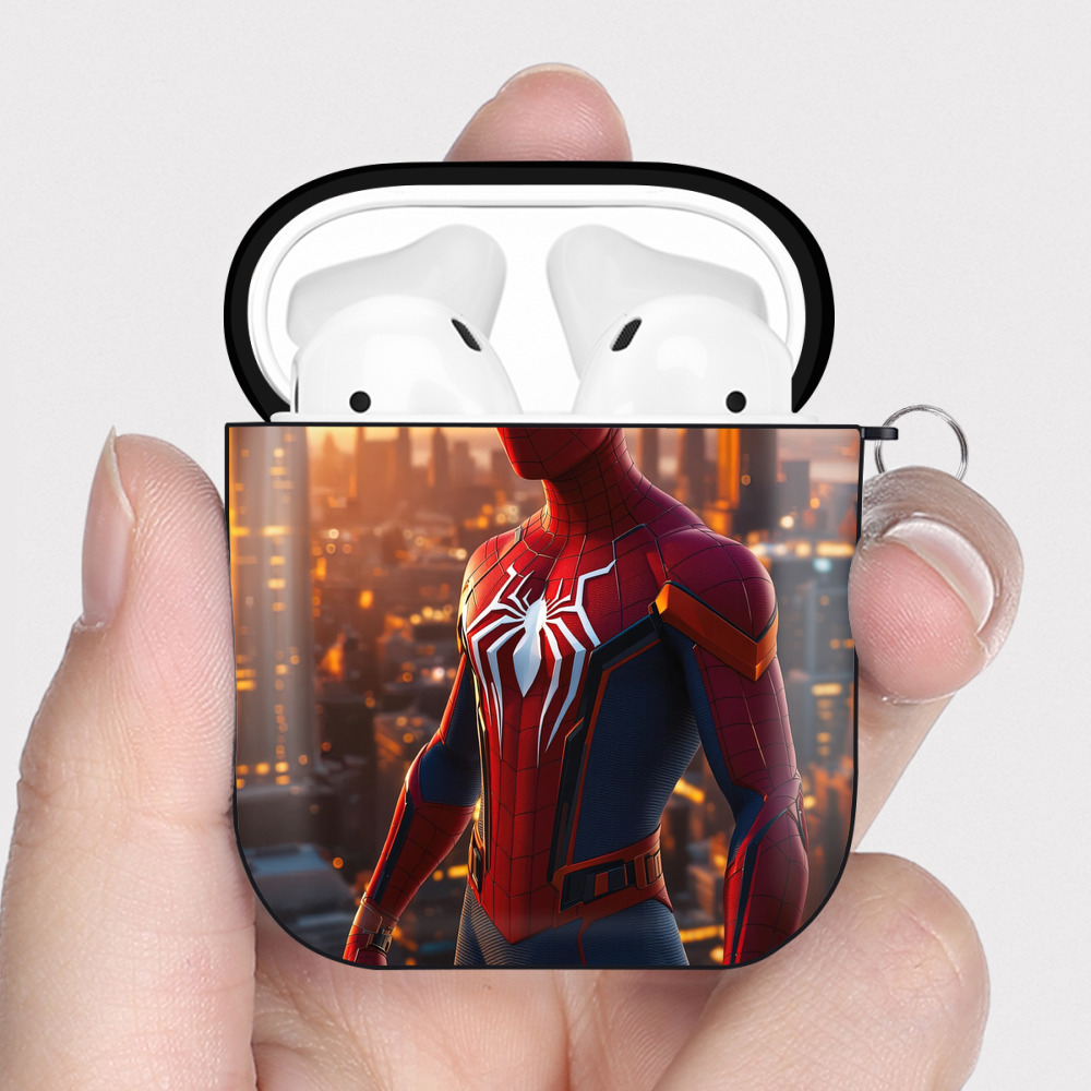 （画像用） Spider Man スパイダーマン AirPods 第2世代保護ケース ハードシェル ブラック 耐衝撃・防指紋・カラビナ付き