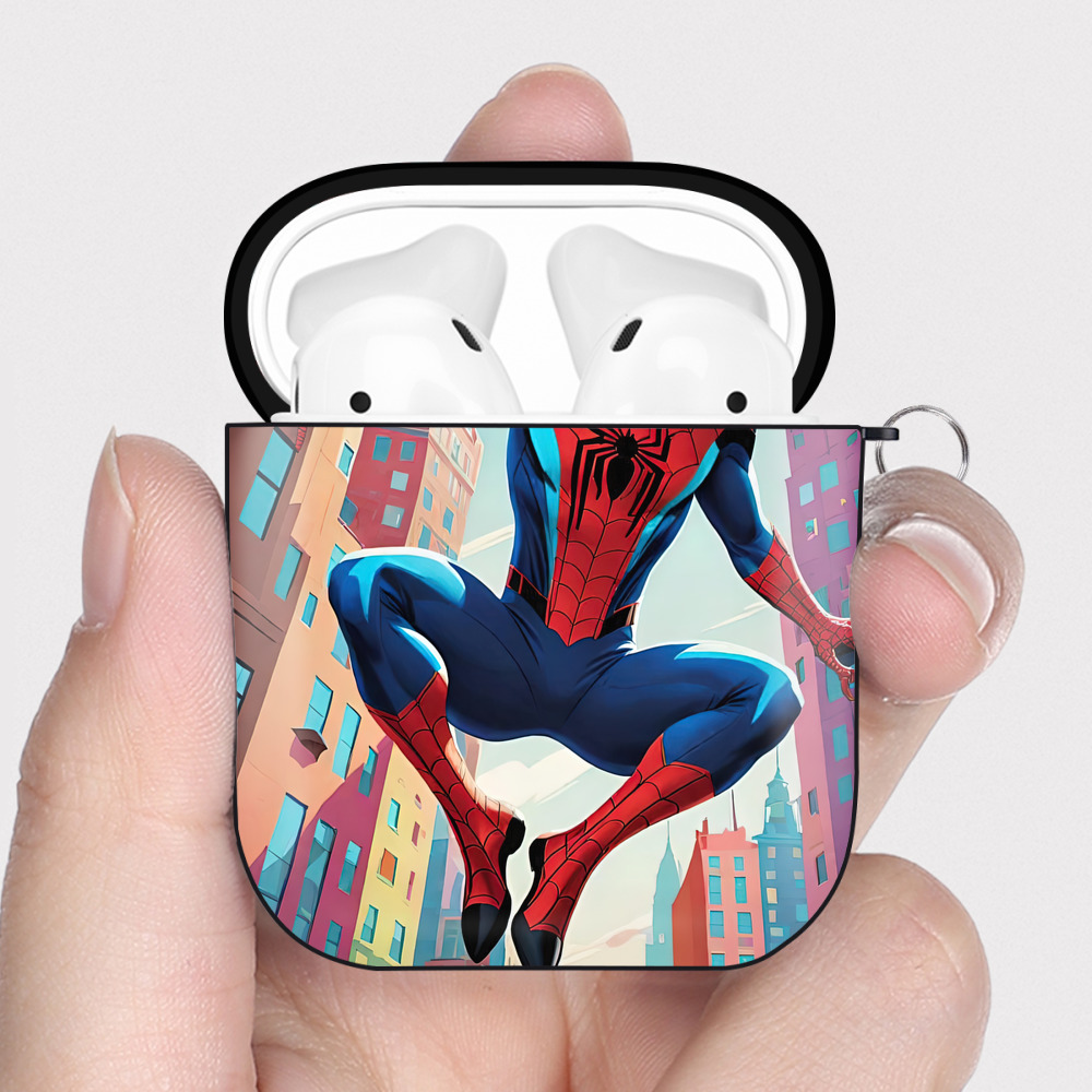 （画像用） Spider Man スパイダーマン AirPods 第2世代保護ケース ハードシェル ブラック 耐衝撃・防指紋・カラビナ付き