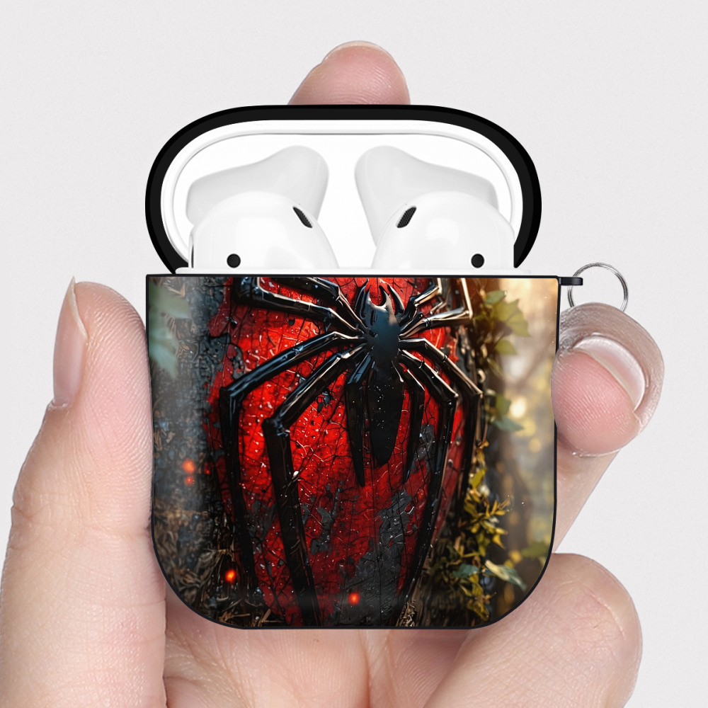 （画像用） Spider Man スパイダーマン AirPods 第2世代保護ケース ハードシェル ブラック 耐衝撃・防指紋・カラビナ付き