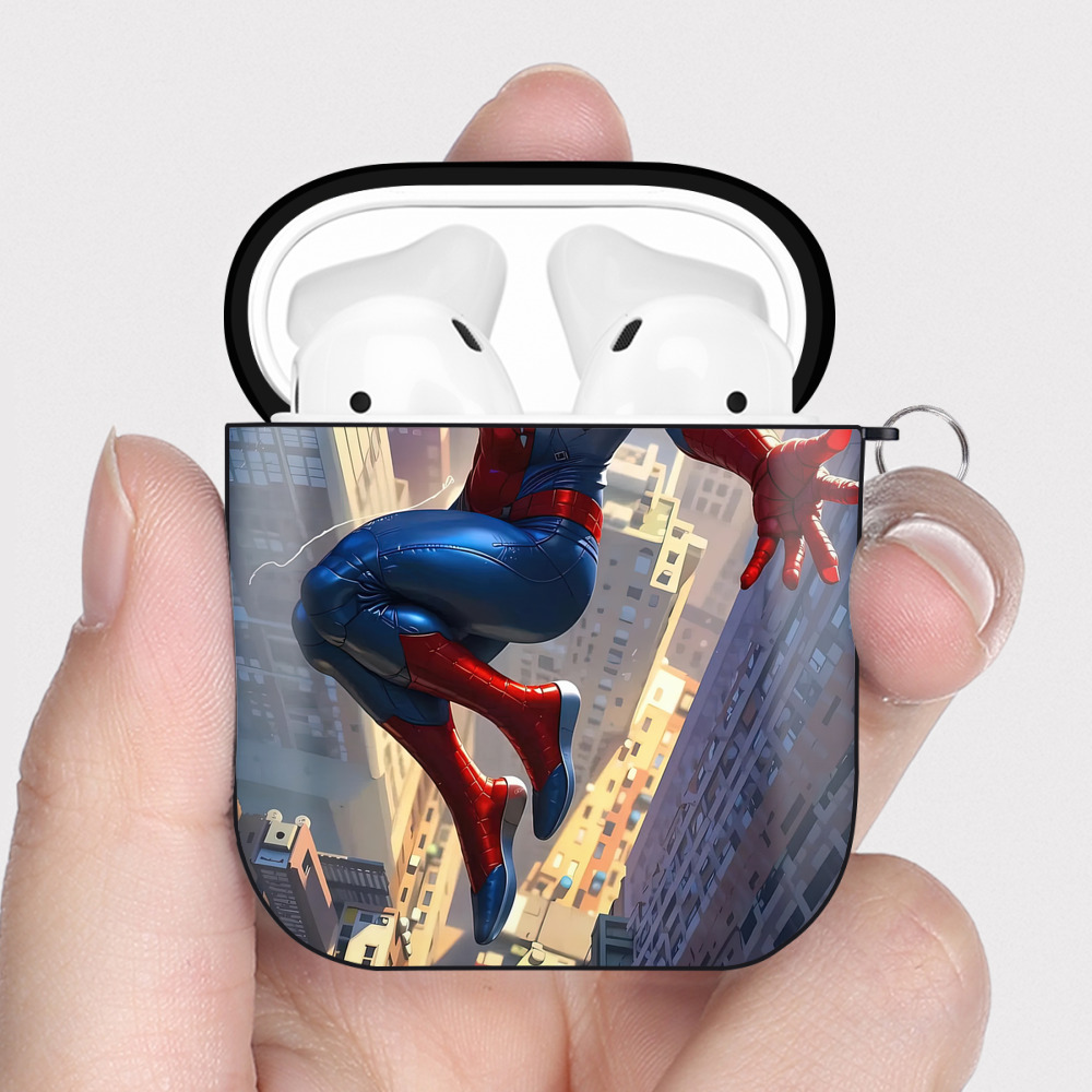 （画像用） Spider Man スパイダーマン AirPods 第2世代保護ケース ハードシェル ブラック 耐衝撃・防指紋・カラビナ付き