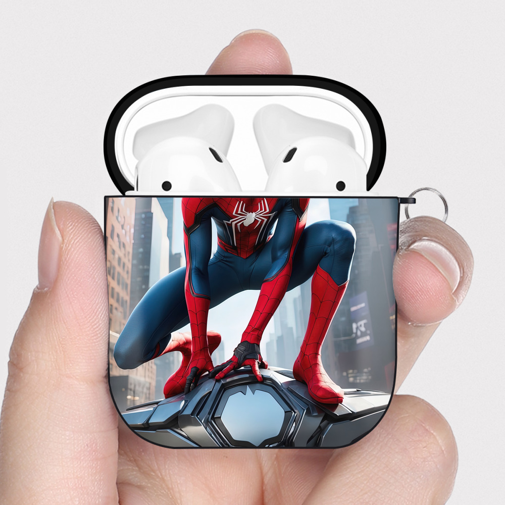 （画像用） Spider Man スパイダーマン AirPods 第2世代保護ケース ハードシェル ブラック 耐衝撃・防指紋・カラビナ付き
