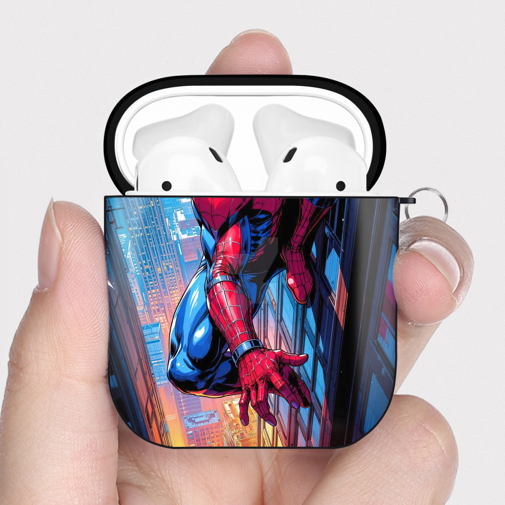 （画像用） Spider Man スパイダーマン AirPods 第2世代保護ケース ハードシェル ブラック 耐衝撃・防指紋・カラビナ付き
