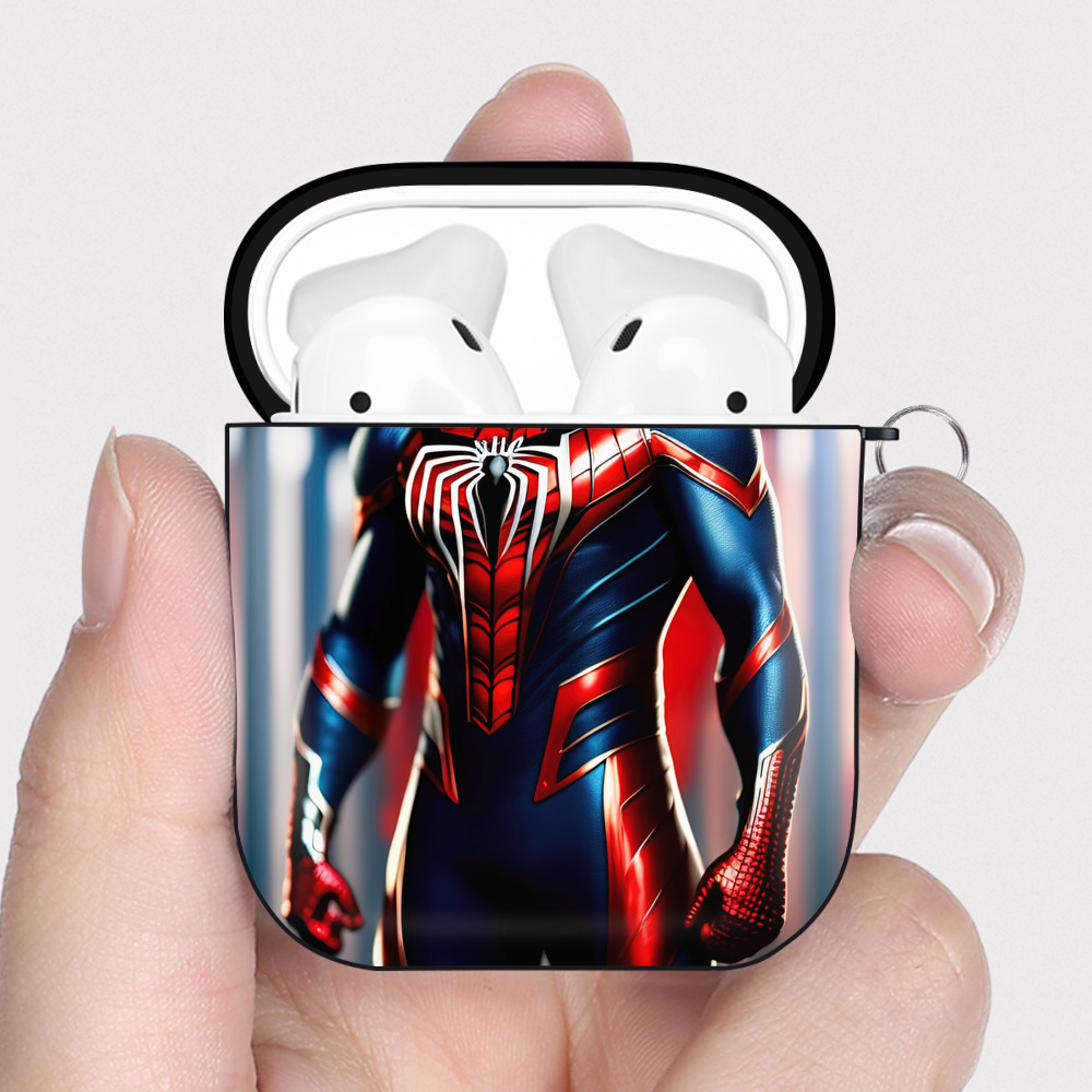 （画像用） Spider Man スパイダーマン AirPods 第2世代保護ケース ハードシェル ブラック 耐衝撃・防指紋・カラビナ付き