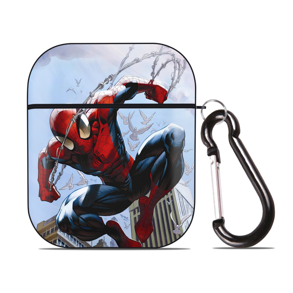 （画像用） Spider Man スパイダーマン AirPods 第2世代保護ケース ハードシェル ブラック 耐衝撃・防指紋・カラビナ付き
