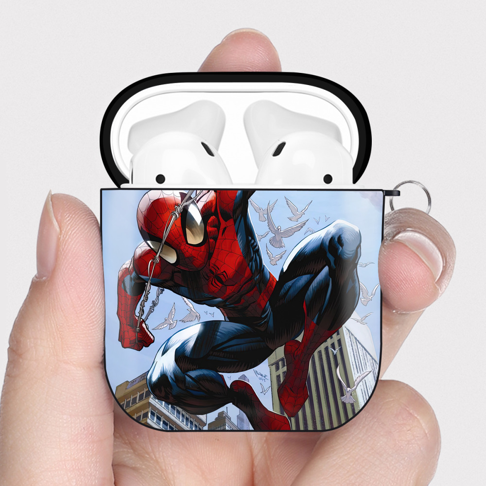 Spider Man スパイダーマン AirPods 第2世代保護ケース ハードシェル ブラック 耐衝撃・防指紋・カラビナ付き