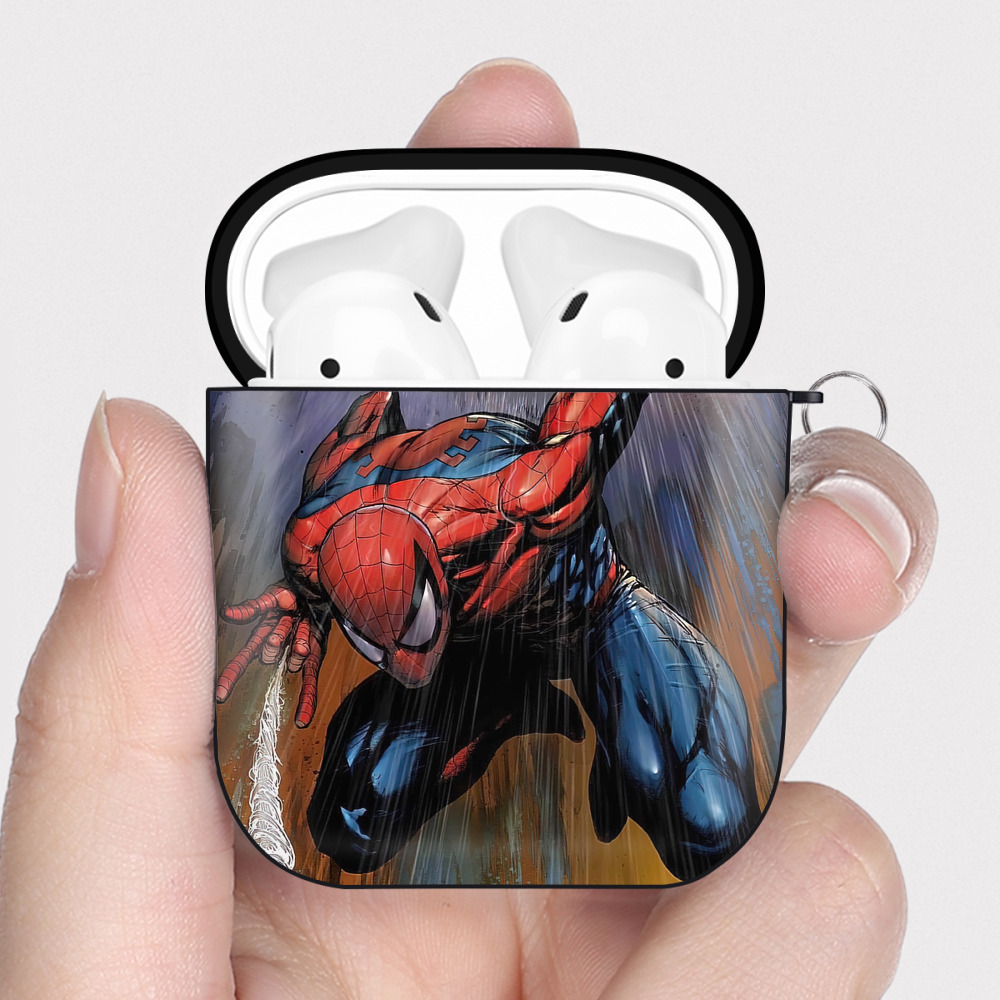 （画像用） Spider Man スパイダーマン AirPods 第2世代保護ケース ハードシェル ブラック 耐衝撃・防指紋・カラビナ付き