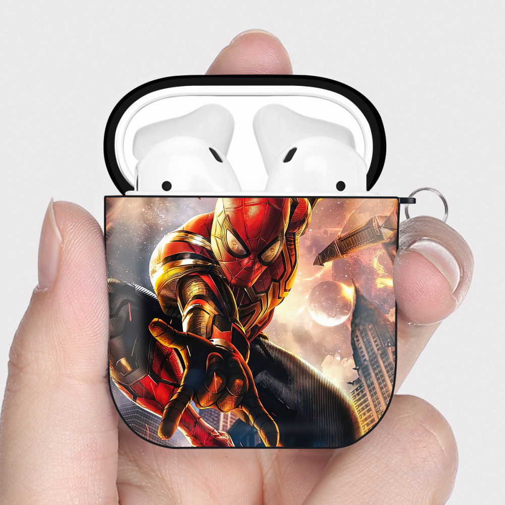 （画像用） Spider Man スパイダーマン AirPods 第2世代保護ケース ハードシェル ブラック 耐衝撃・防指紋・カラビナ付き