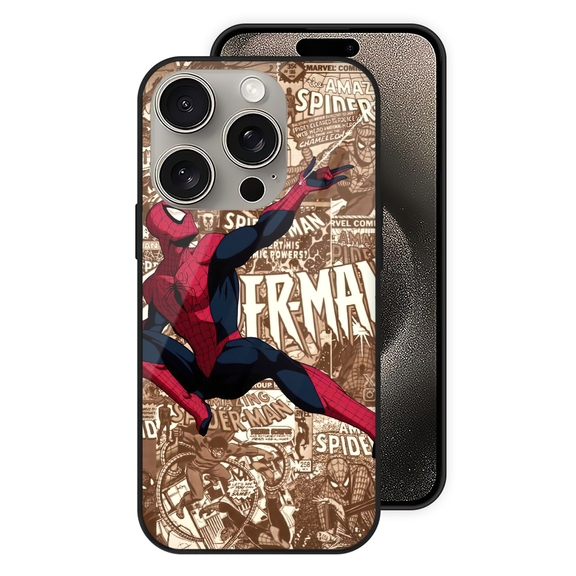 Spider Man スパイダーマン 【iPhone15Pro対応】スマホケース 耐衝撃＆黄変防止 背面ガラス
