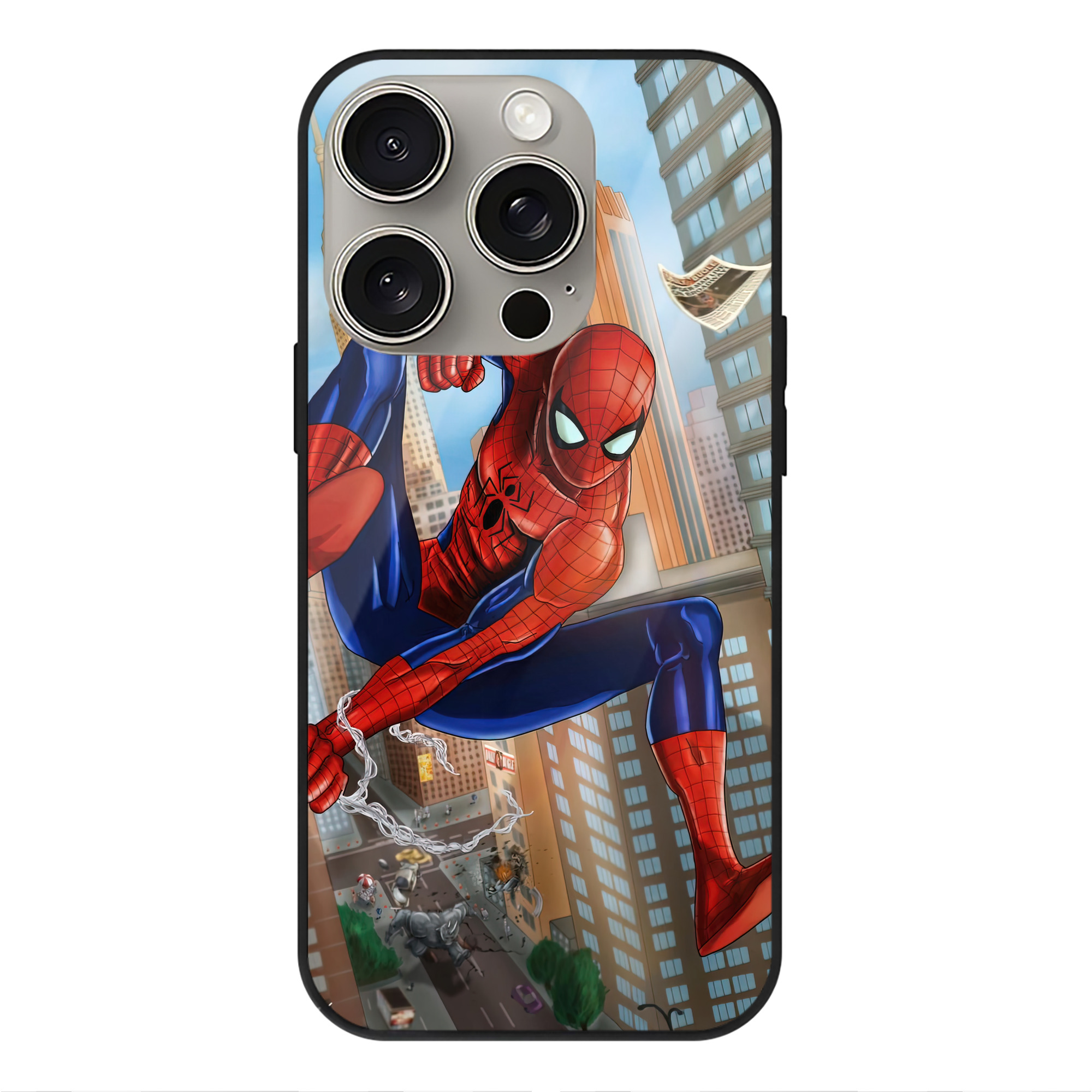 Spider Man スパイダーマン 【iPhone15Pro対応】スマホケース 耐衝撃＆黄変防止 背面ガラス