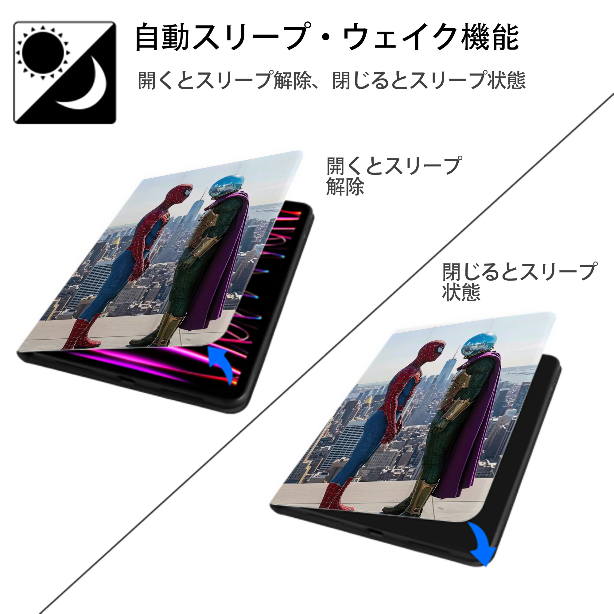 Spider Man スパイダーマン IPad ケース ペン収納付き 三つ折りスタンド PUレザー×シリコン 対応機種9.5/10.5/10.9インチ