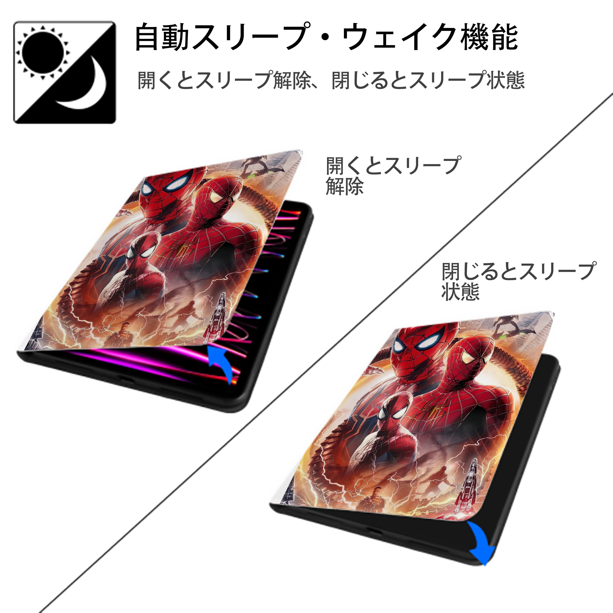Spider Man スパイダーマン IPad ケース ペン収納付き 三つ折りスタンド PUレザー×シリコン 対応機種9.5/10.5/10.9インチ