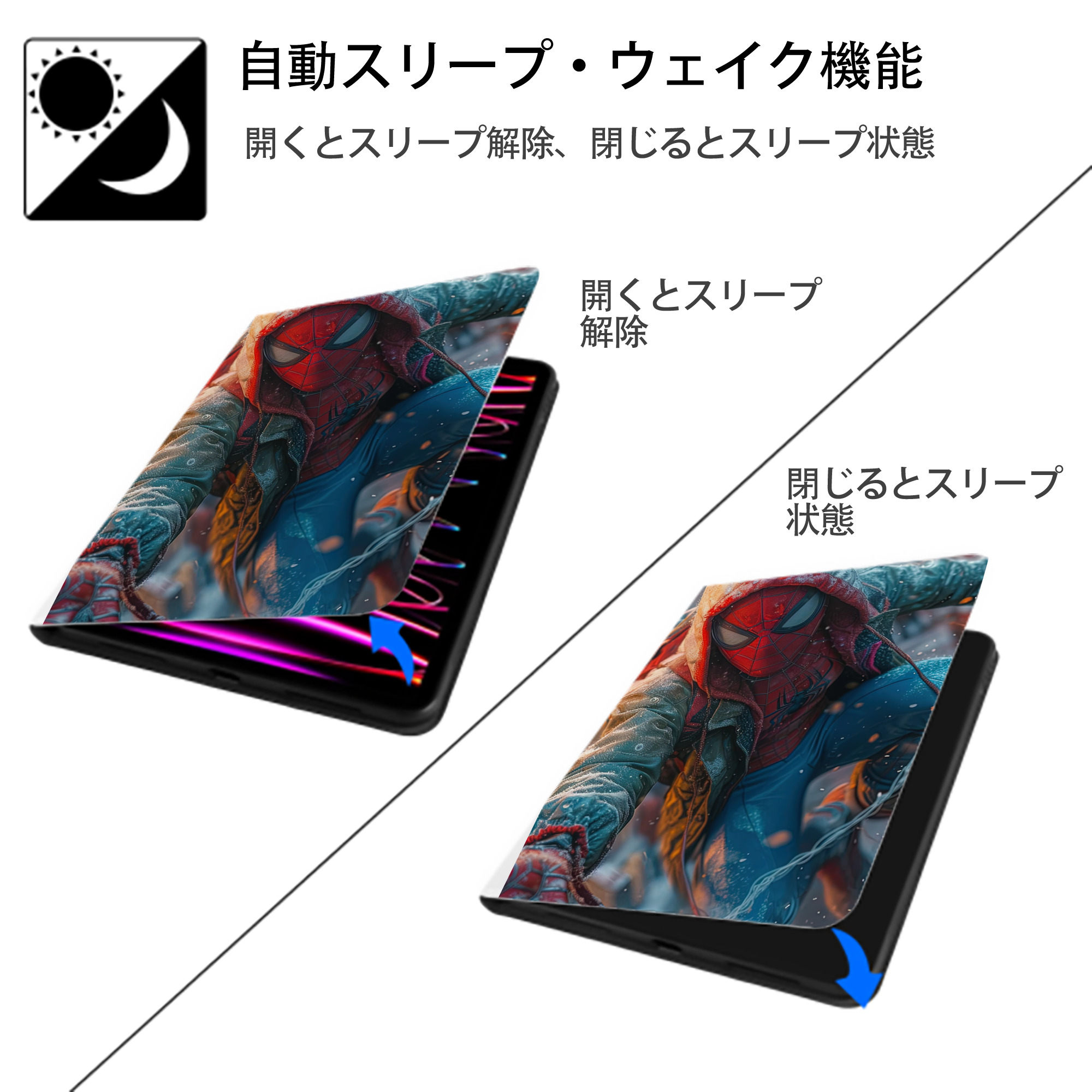 Spider Man スパイダーマン IPad ケース ペン収納付き 三つ折りスタンド PUレザー×シリコン 対応機種9.5/10.5/10.9インチ