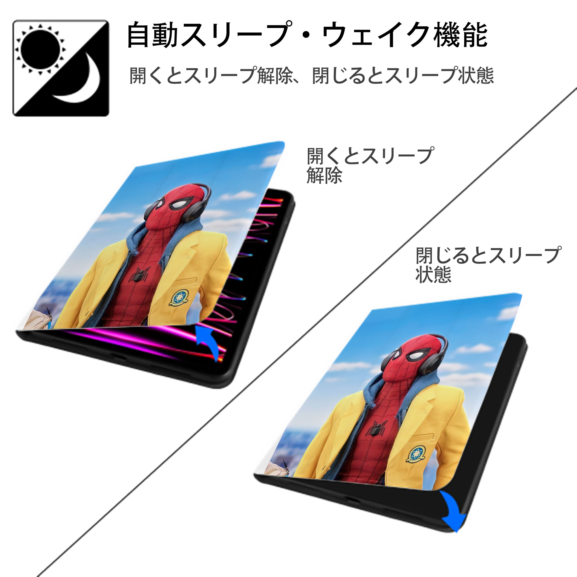 Spider Man スパイダーマン IPad ケース ペン収納付き 三つ折りスタンド PUレザー×シリコン 対応機種9.5/10.5/10.9インチ