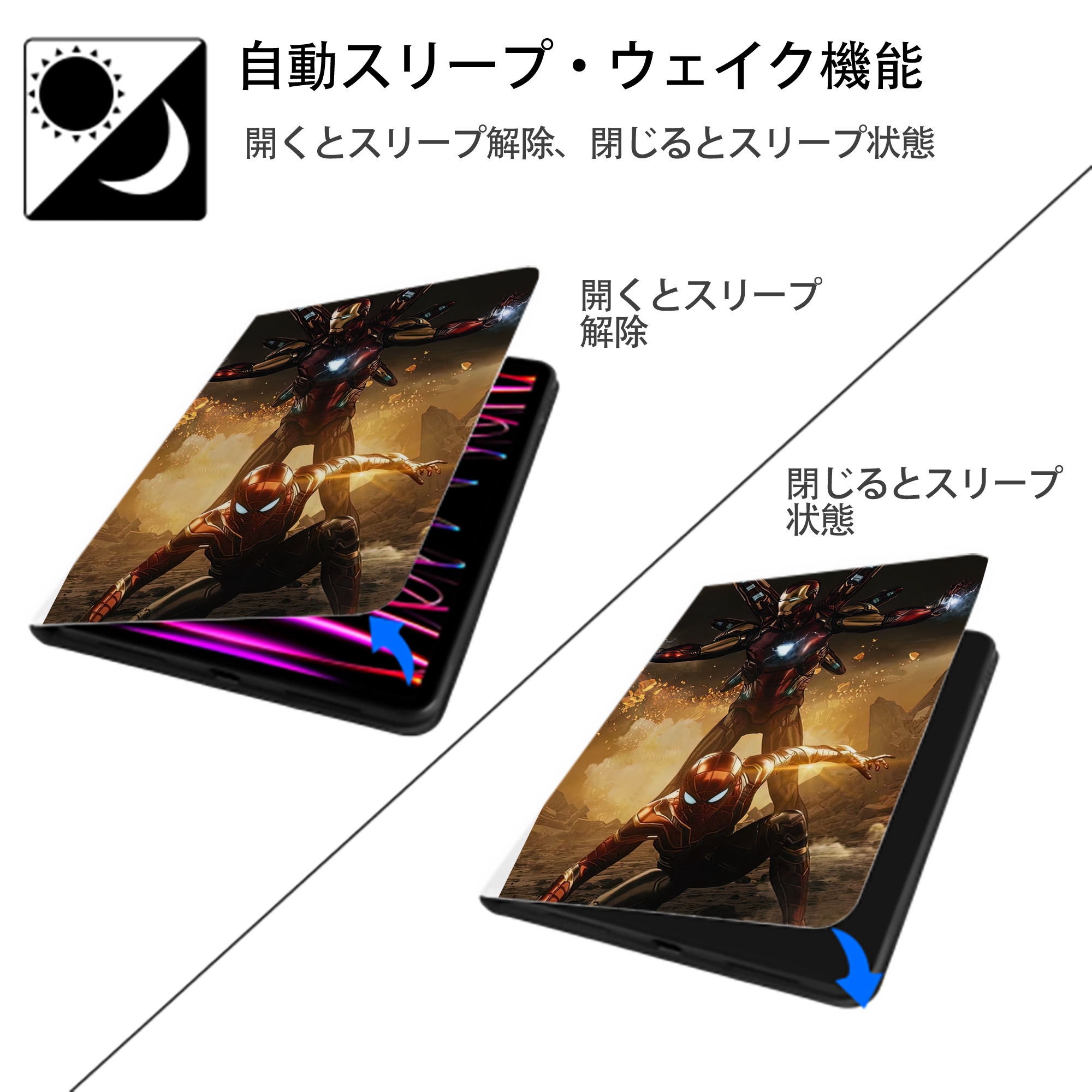 Spider Man スパイダーマン IPad ケース ペン収納付き 三つ折りスタンド PUレザー×シリコン 対応機種9.5/10.5/10.9インチ