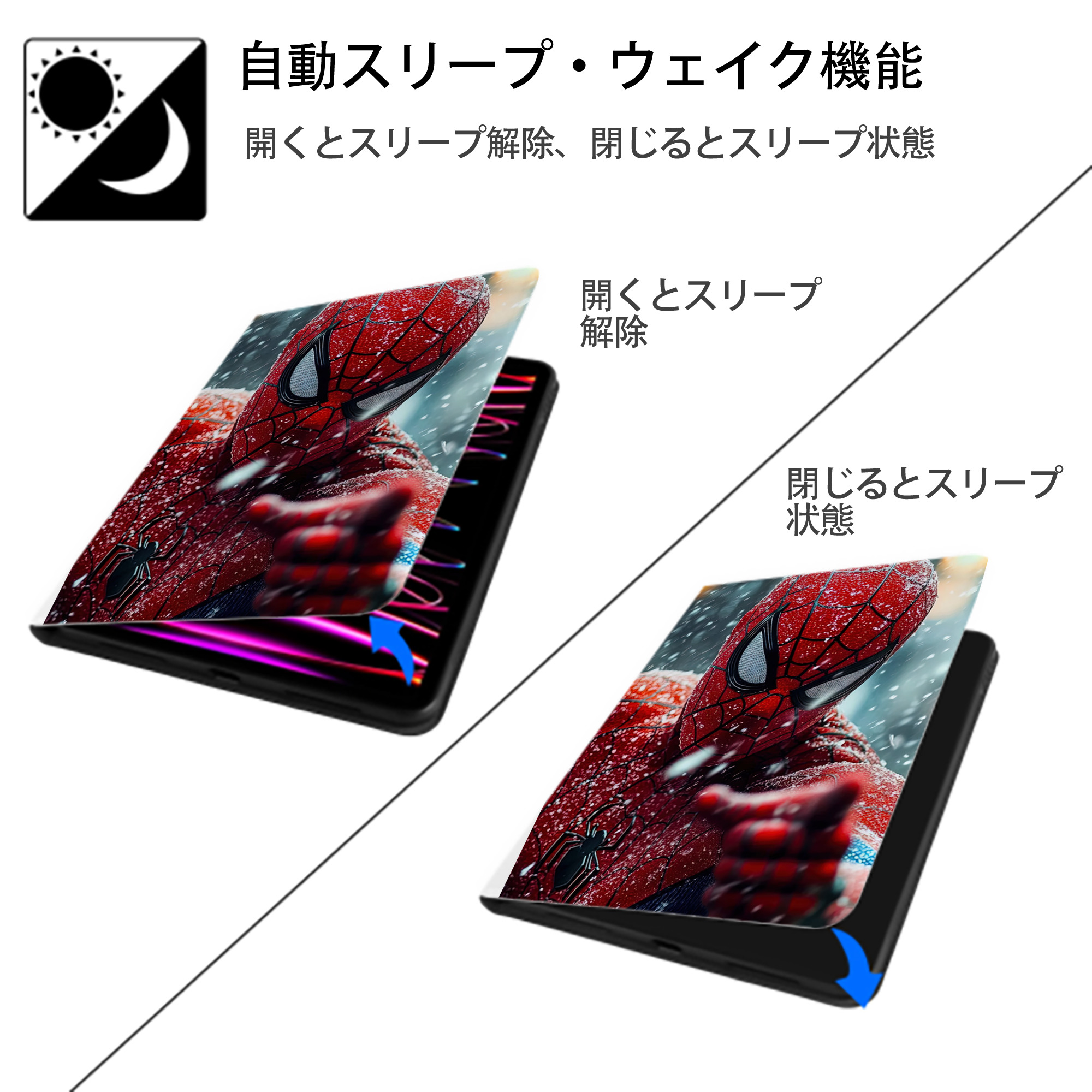 Spider Man スパイダーマン IPad ケース ペン収納付き 三つ折りスタンド PUレザー×シリコン 対応機種9.5/10.5/10.9インチ