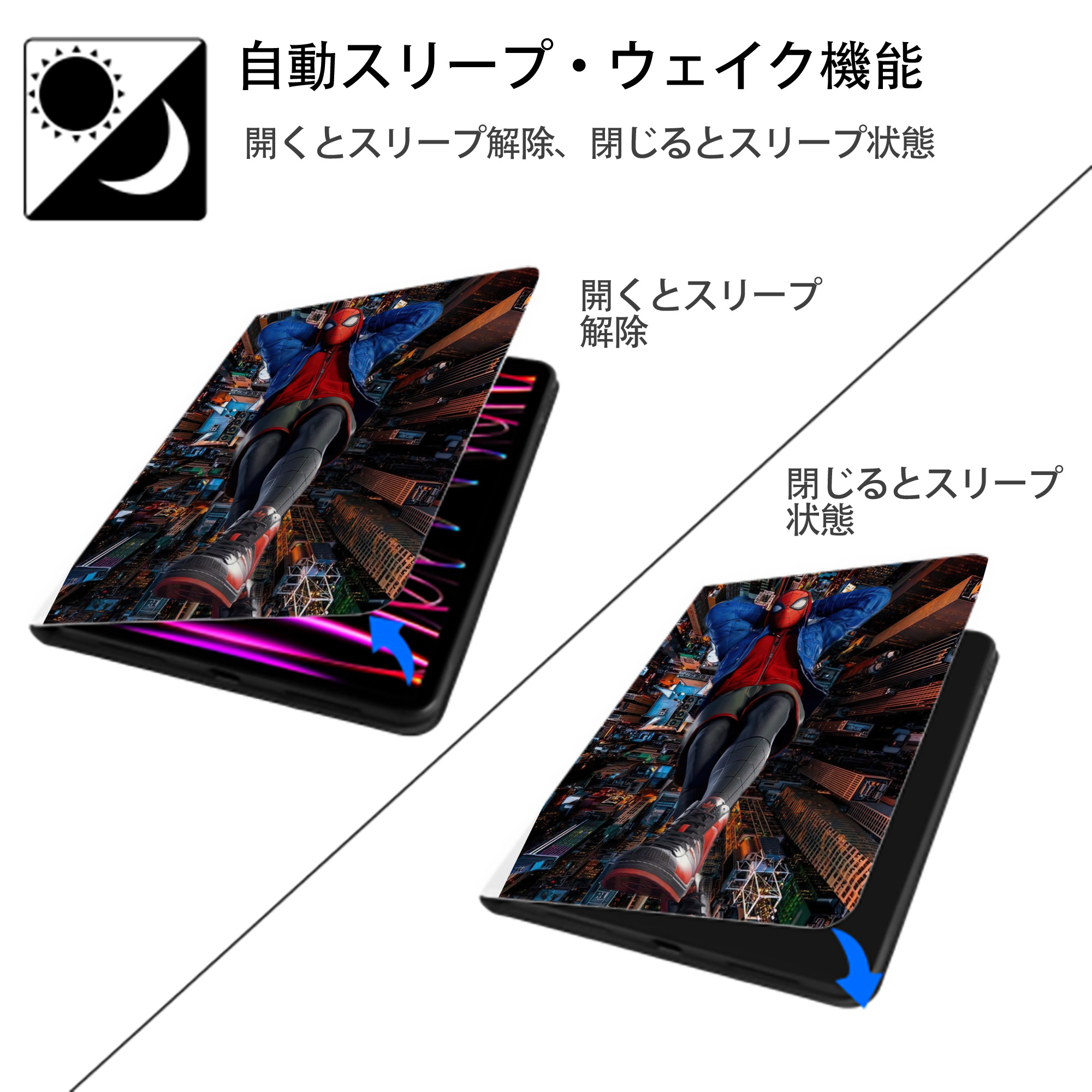 Spider Man スパイダーマン IPad ケース ペン収納付き 三つ折りスタンド PUレザー×シリコン 対応機種9.5/10.5/10.9インチ