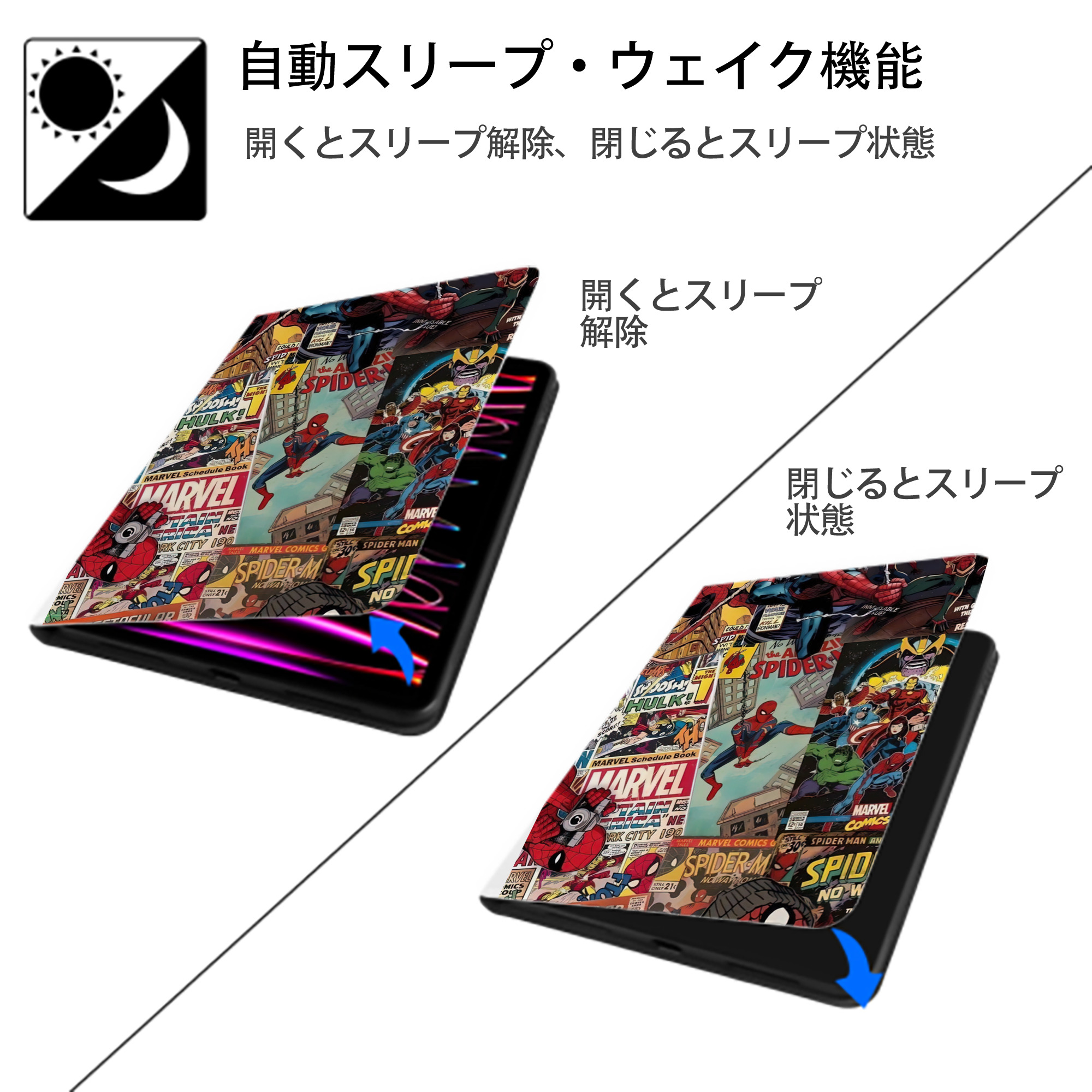 Spider Man スパイダーマン IPad ケース ペン収納付き 三つ折りスタンド PUレザー×シリコン 対応機種9.5/10.5/10.9インチ