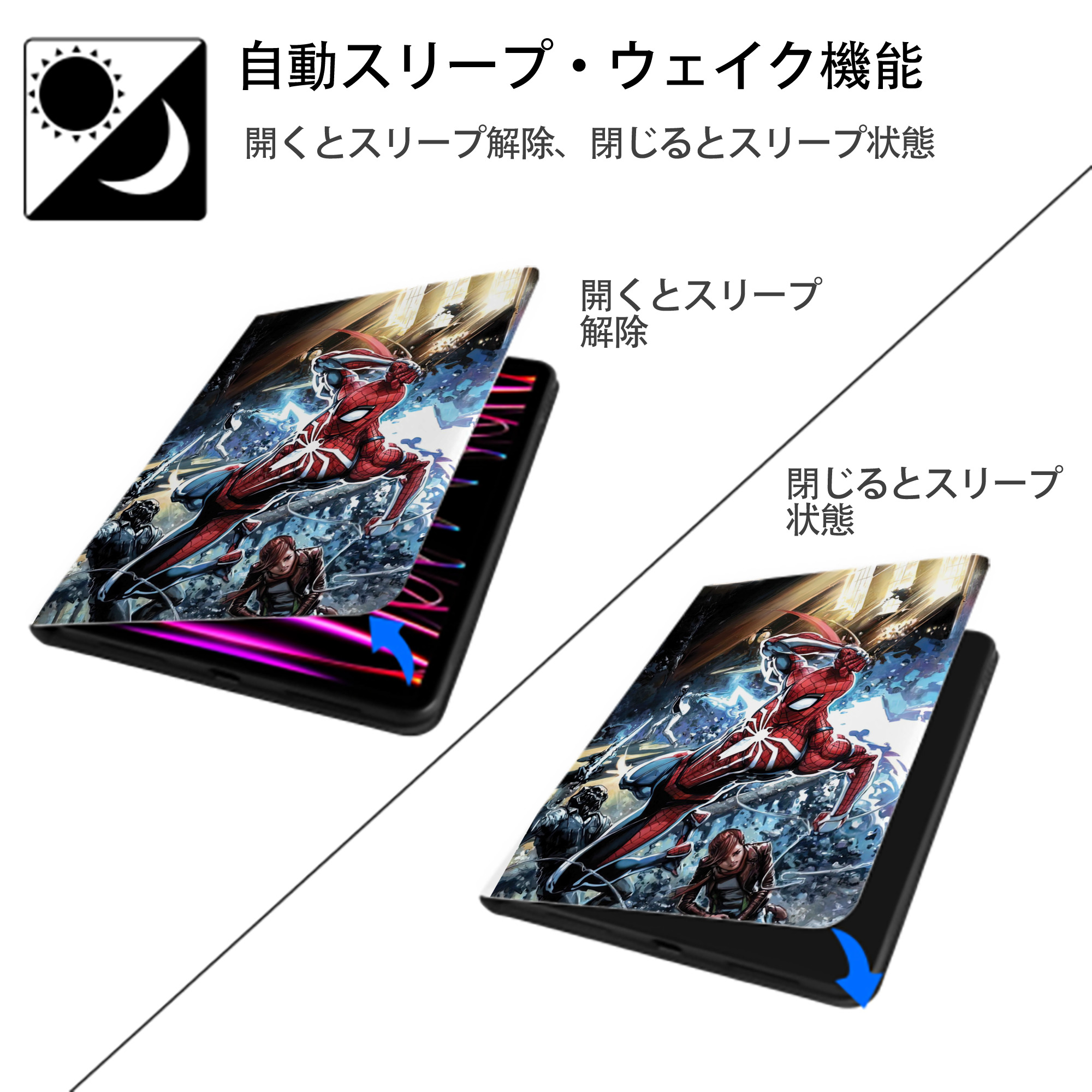 Spider Man スパイダーマン IPad ケース ペン収納付き 三つ折りスタンド PUレザー×シリコン 対応機種9.5/10.5/10.9インチ