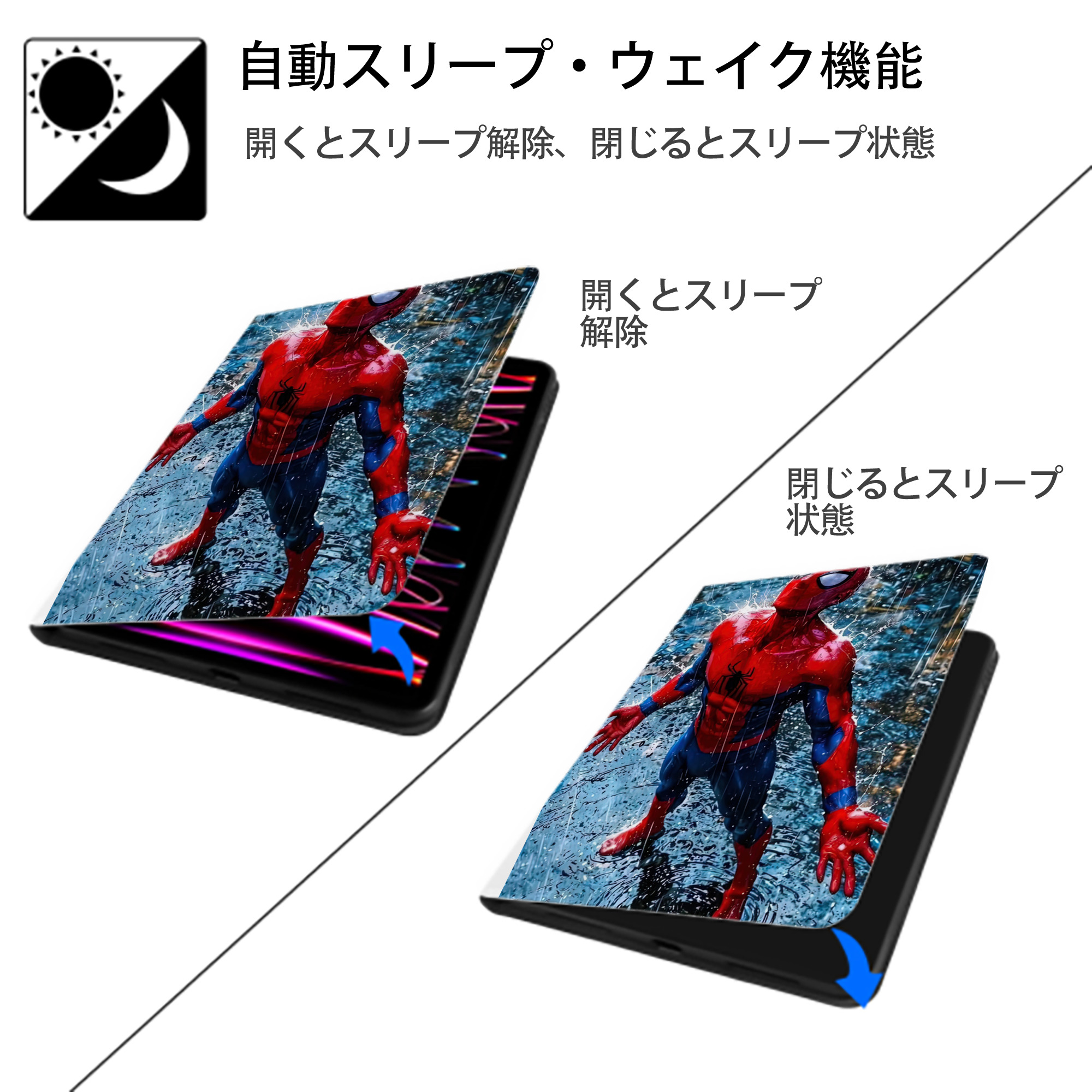 Spider Man スパイダーマン IPad ケース ペン収納付き 三つ折りスタンド PUレザー×シリコン 対応機種9.5/10.5/10.9インチ