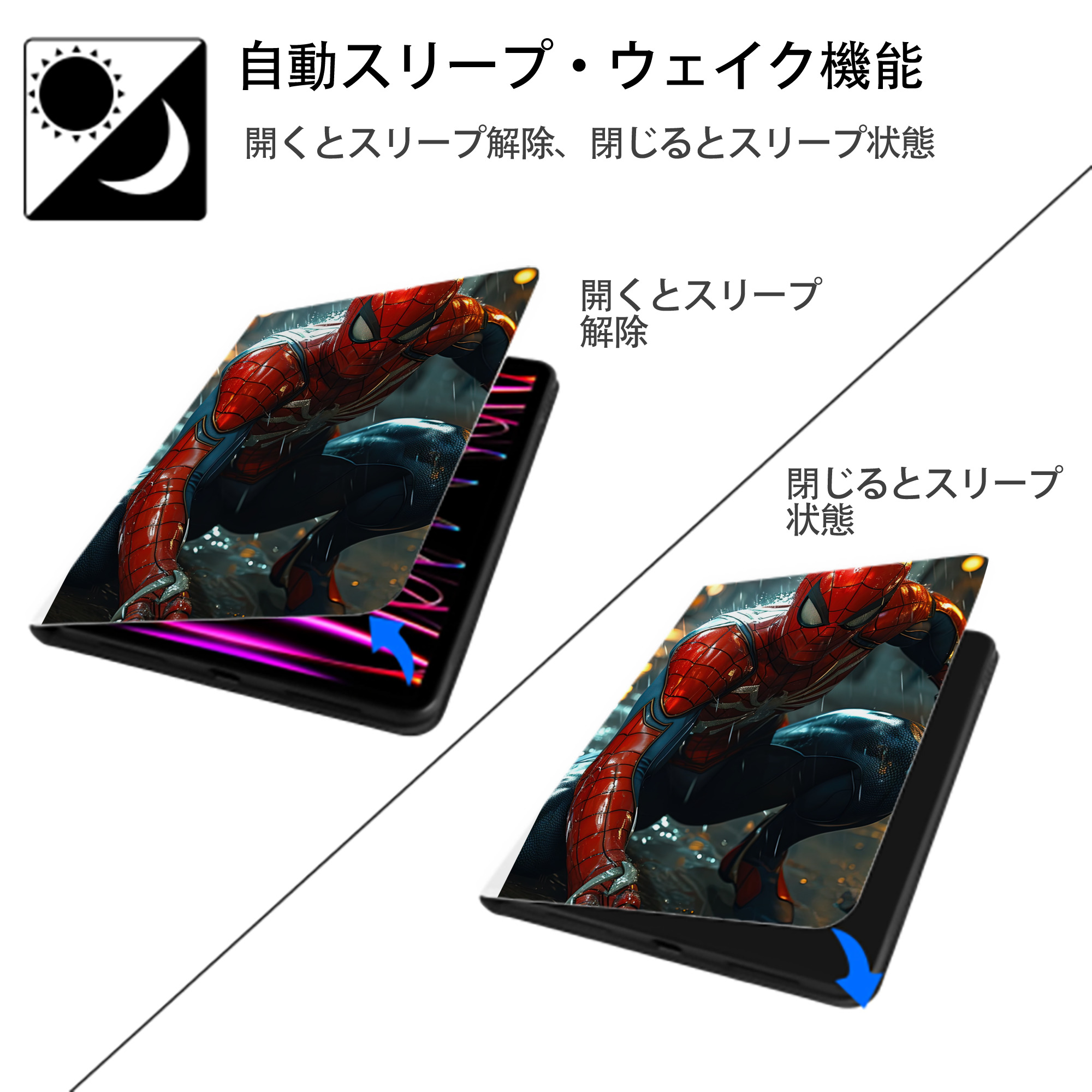 Spider Man スパイダーマン IPad ケース ペン収納付き 三つ折りスタンド PUレザー×シリコン 対応機種9.5/10.5/10.9インチ