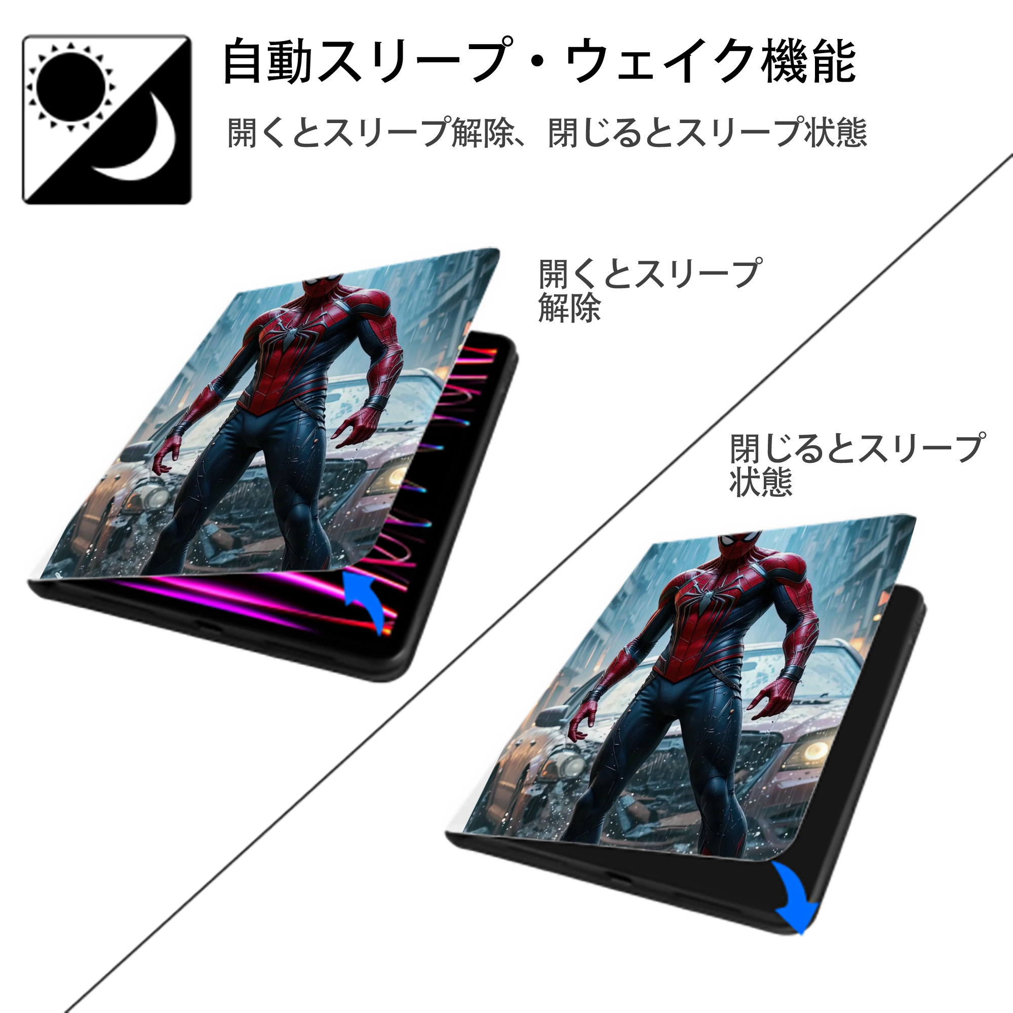 Spider Man スパイダーマン IPad ケース ペン収納付き 三つ折りスタンド PUレザー×シリコン 対応機種9.5/10.5/10.9インチ
