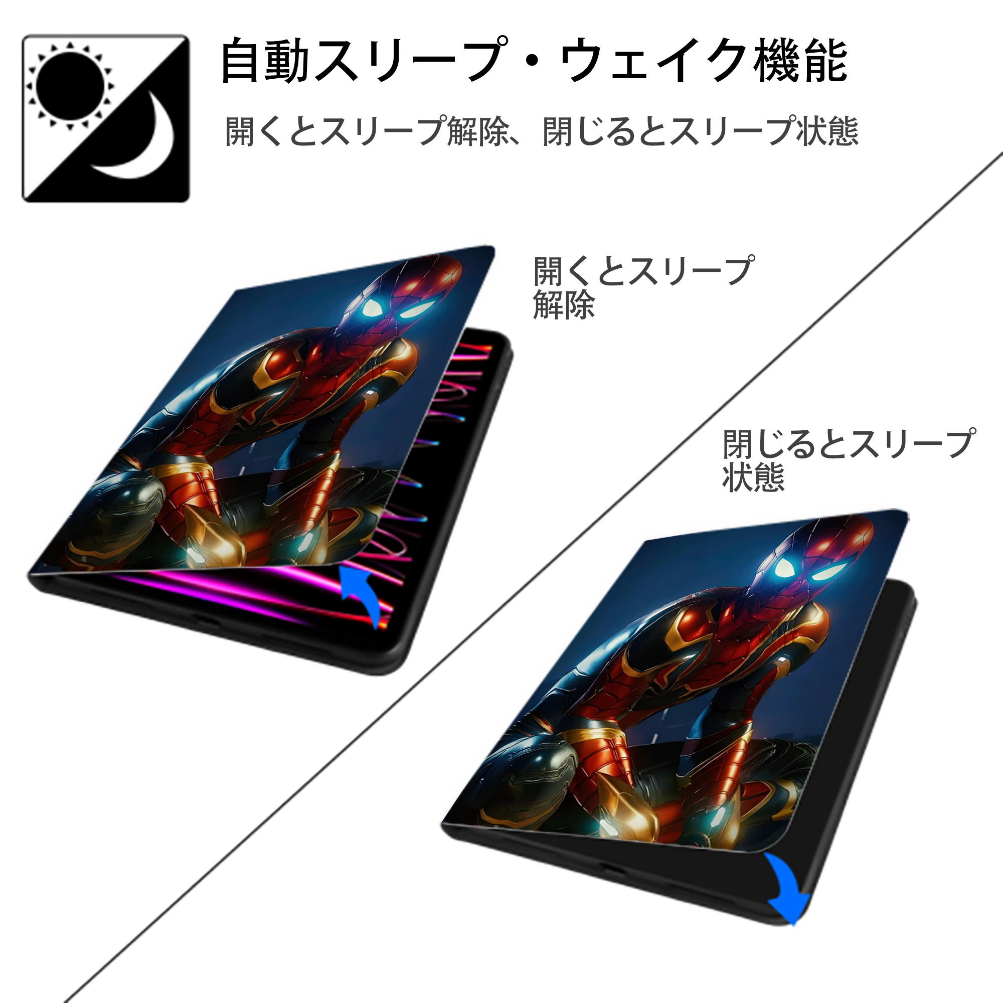 Spider Man スパイダーマン IPad ケース ペン収納付き 三つ折りスタンド PUレザー×シリコン 対応機種9.5/10.5/10.9インチ