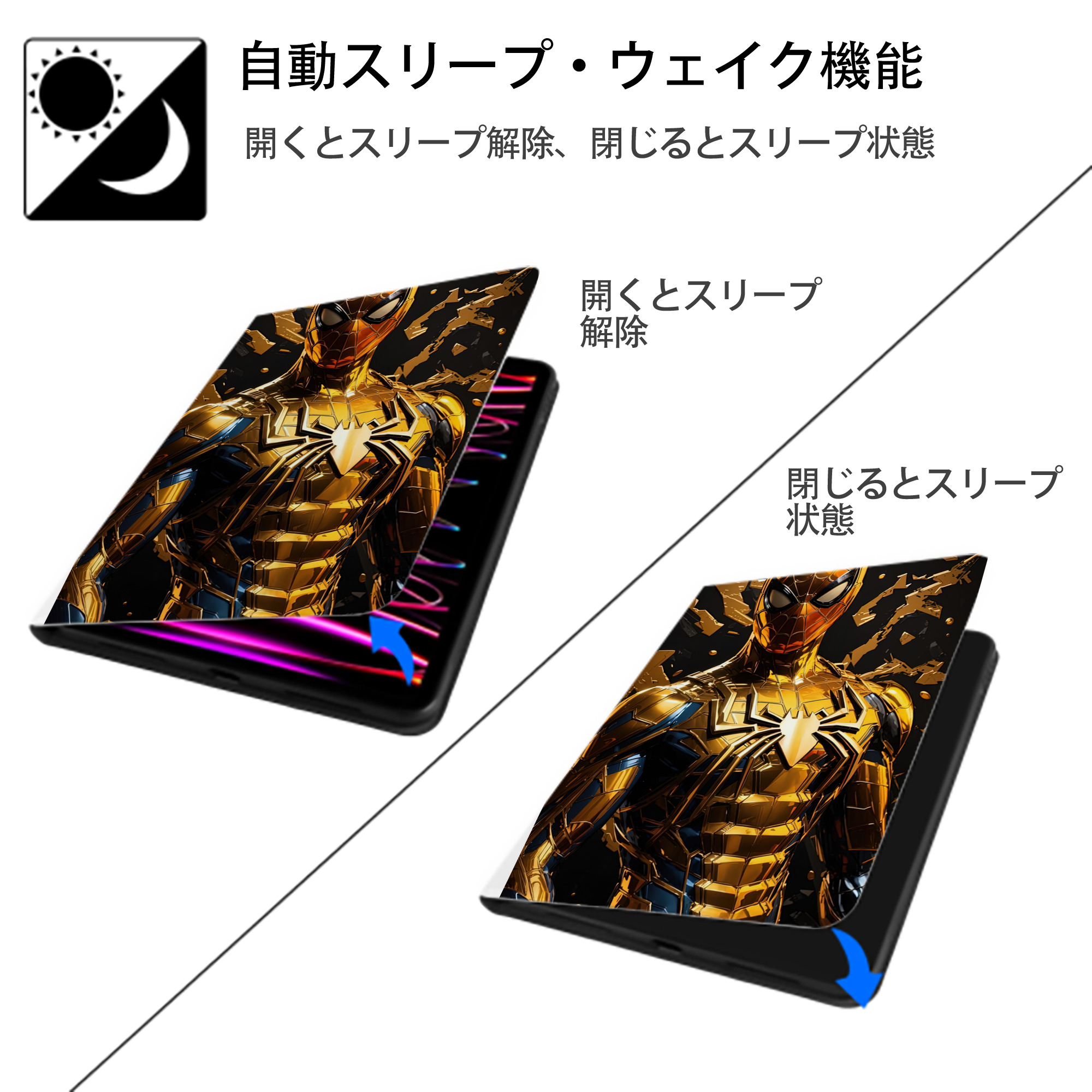 Spider Man スパイダーマン IPad ケース ペン収納付き 三つ折りスタンド PUレザー×シリコン 対応機種9.5/10.5/10.9インチ