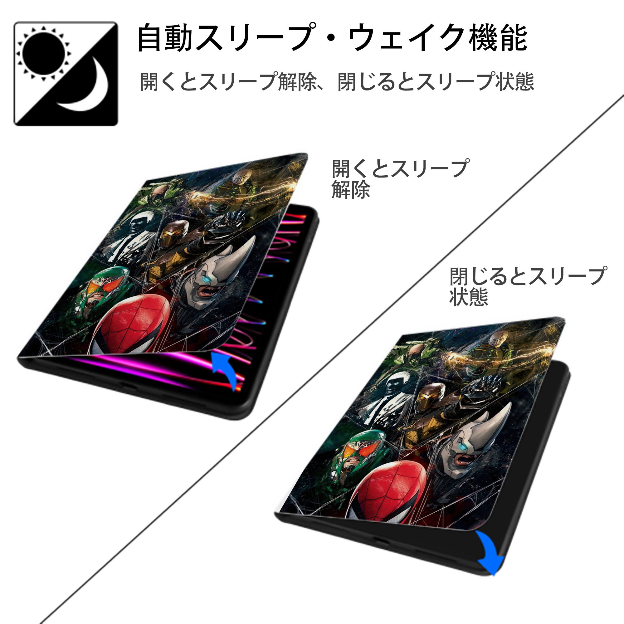 Spider Man スパイダーマン IPad ケース ペン収納付き 三つ折りスタンド PUレザー×シリコン 対応機種9.5/10.5/10.9インチ