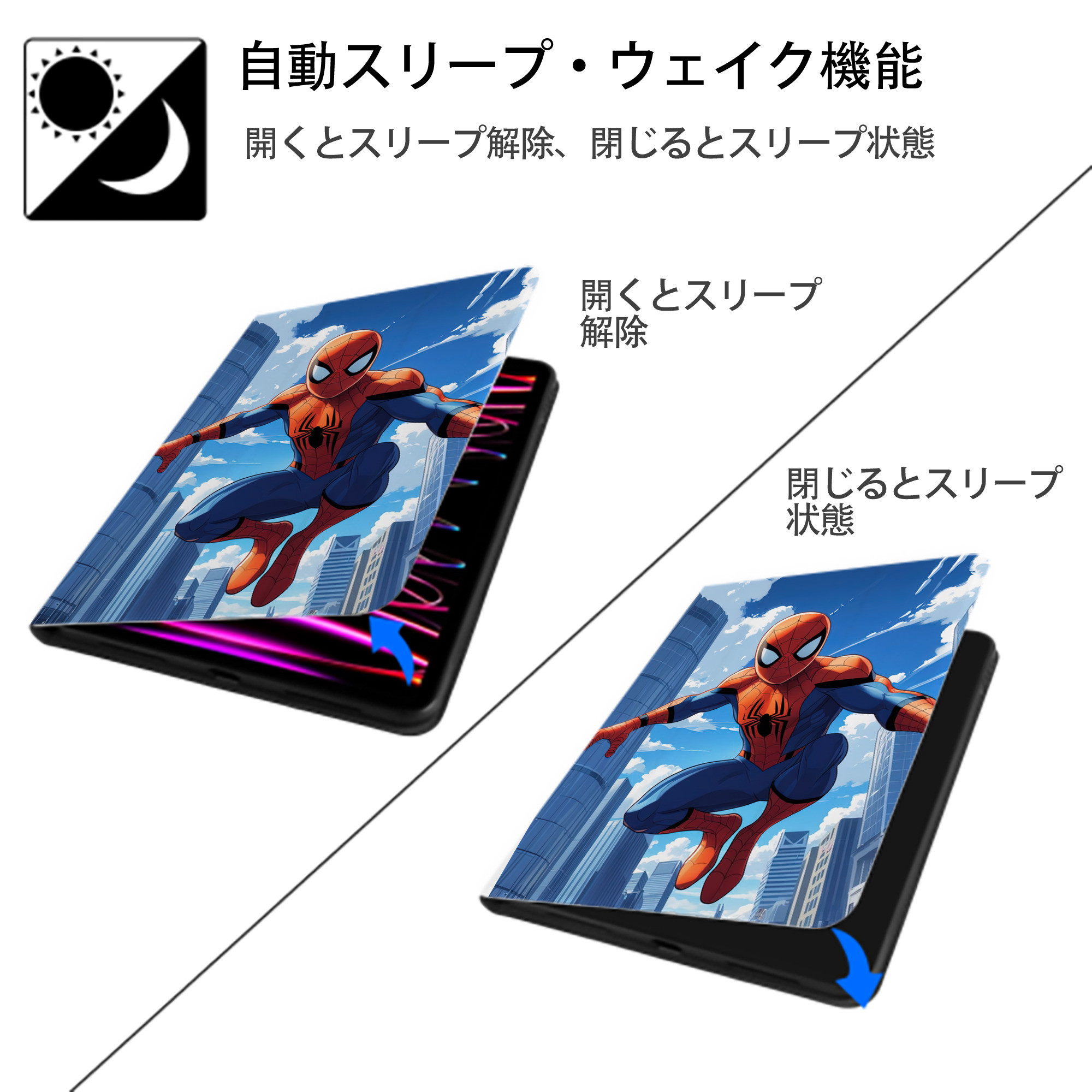 Spider Man スパイダーマン IPad ケース ペン収納付き 三つ折りスタンド PUレザー×シリコン 対応機種9.5/10.5/10.9インチ