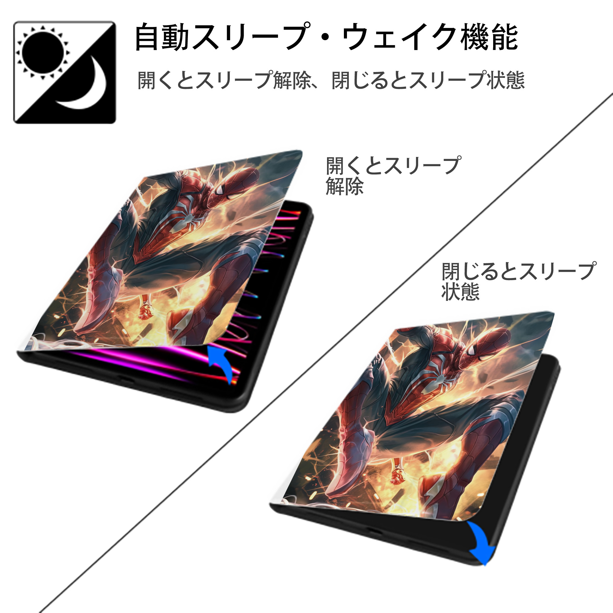 Spider Man スパイダーマン IPad ケース ペン収納付き 三つ折りスタンド PUレザー×シリコン 対応機種9.5/10.5/10.9インチ