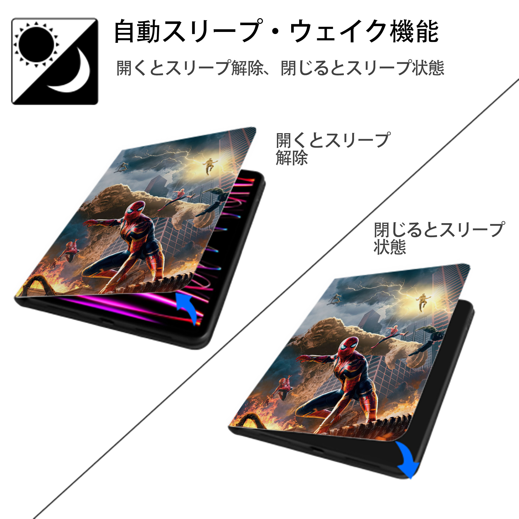 Spider Man スパイダーマン IPad ケース ペン収納付き 三つ折りスタンド PUレザー×シリコン 対応機種9.5/10.5/10.9インチ