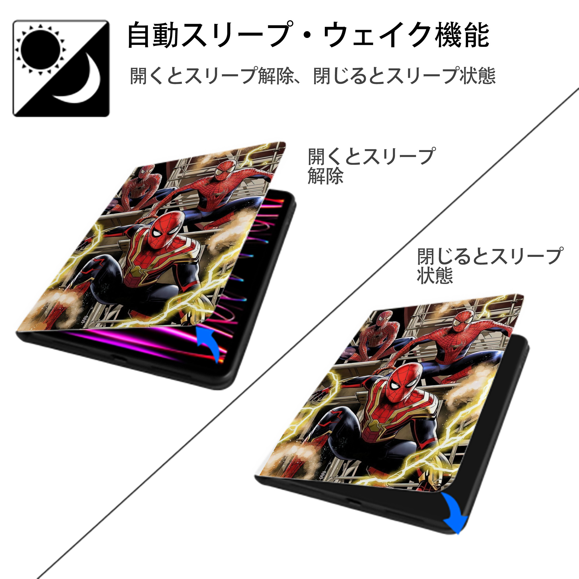 Spider Man スパイダーマン IPad ケース ペン収納付き 三つ折りスタンド PUレザー×シリコン 対応機種9.5/10.5/10.9インチ