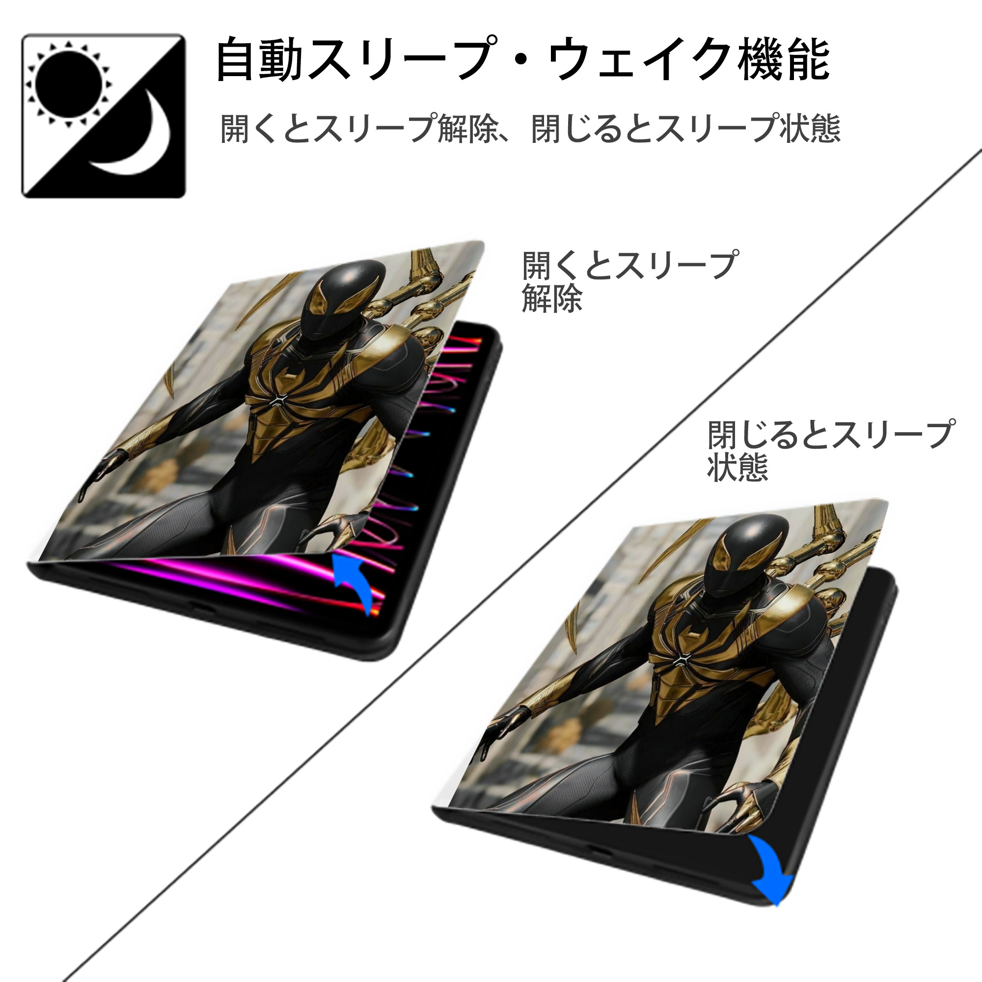 Spider Man スパイダーマン IPad ケース ペン収納付き 三つ折りスタンド PUレザー×シリコン 対応機種9.5/10.5/10.9インチ
