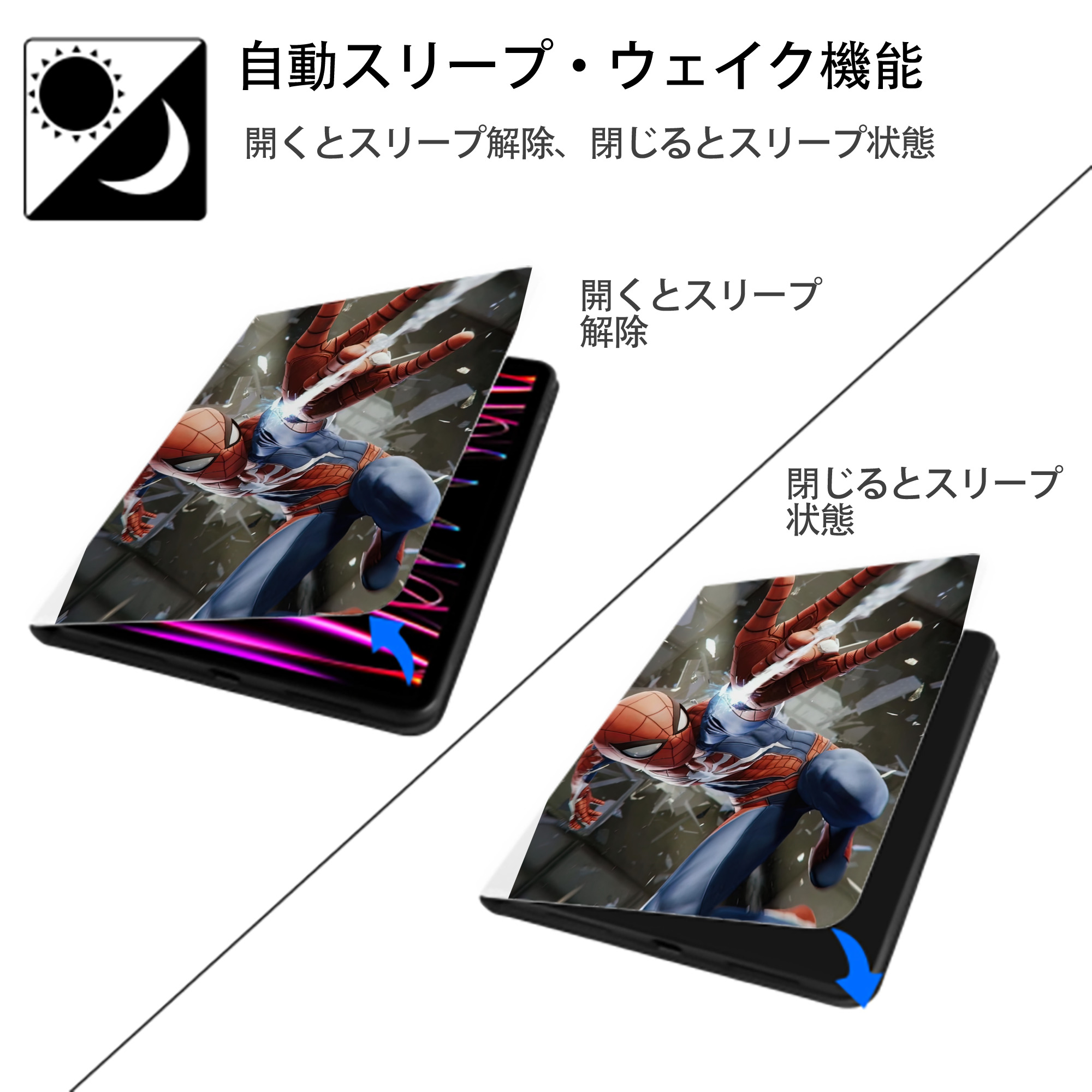 Spider Man スパイダーマン IPad ケース ペン収納付き 三つ折りスタンド PUレザー×シリコン 対応機種9.5/10.5/10.9インチ