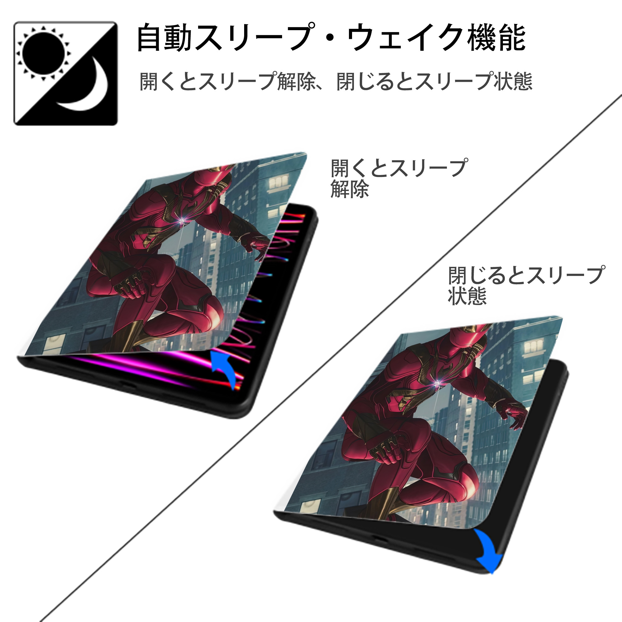 Spider Man スパイダーマン IPad ケース ペン収納付き 三つ折りスタンド PUレザー×シリコン 対応機種9.5/10.5/10.9インチ