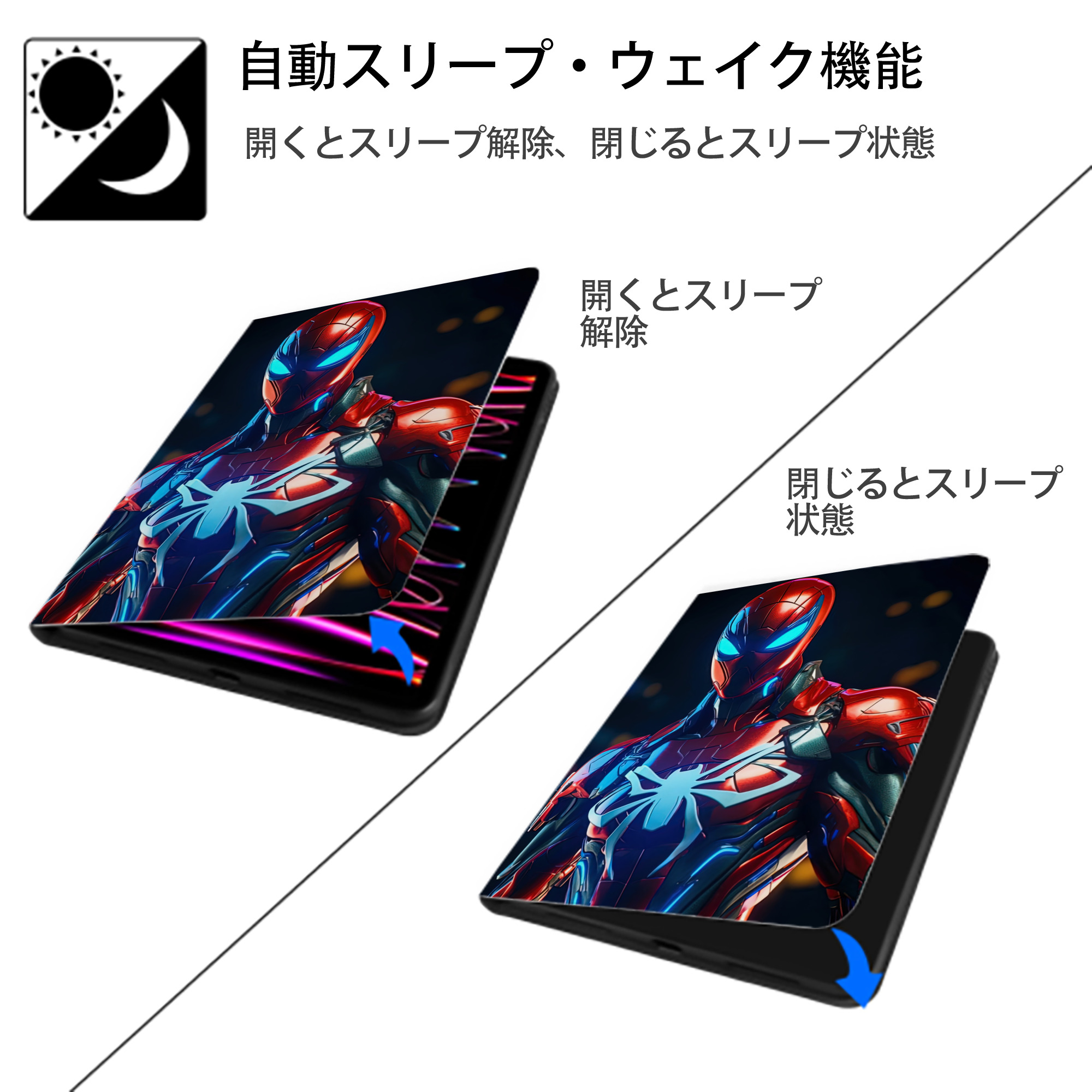 Spider Man スパイダーマン IPad ケース ペン収納付き 三つ折りスタンド PUレザー×シリコン 対応機種9.5/10.5/10.9インチ