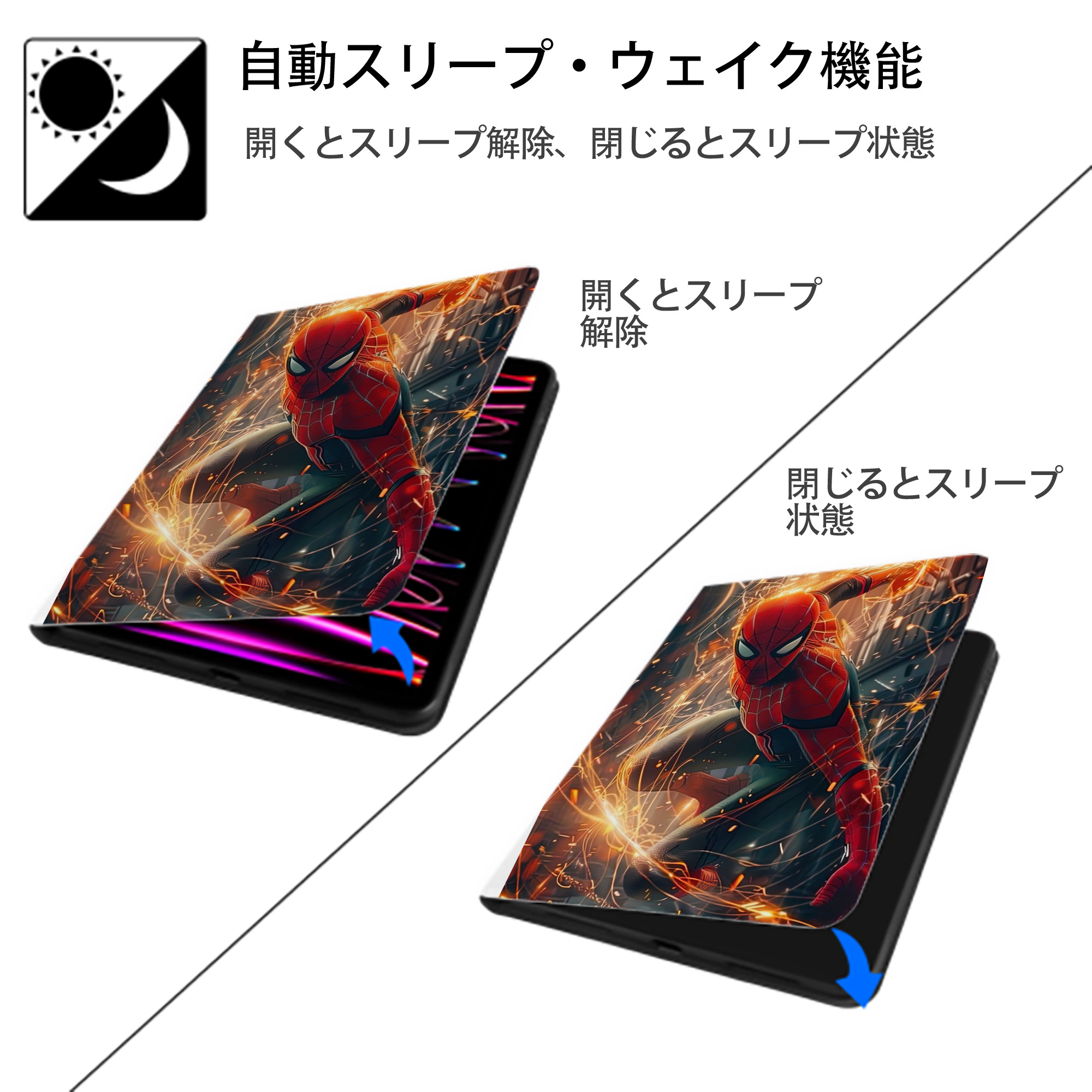 Spider Man スパイダーマン IPad ケース ペン収納付き 三つ折りスタンド PUレザー×シリコン 対応機種9.5/10.5/10.9インチ