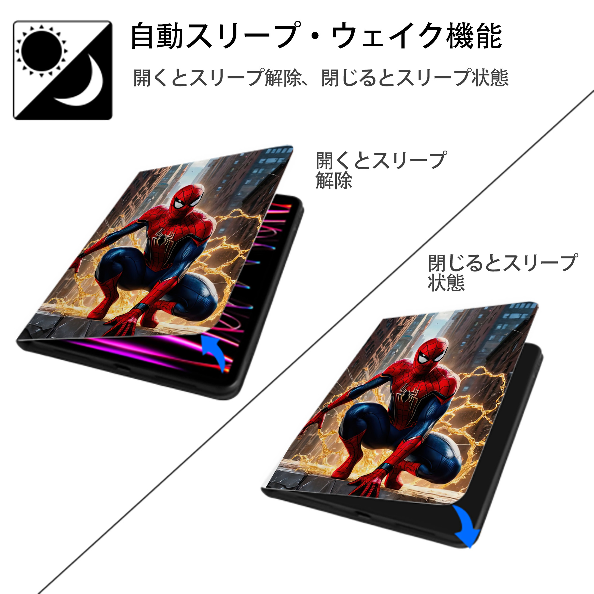 Spider Man スパイダーマン IPad ケース ペン収納付き 三つ折りスタンド PUレザー×シリコン 対応機種9.5/10.5/10.9インチ