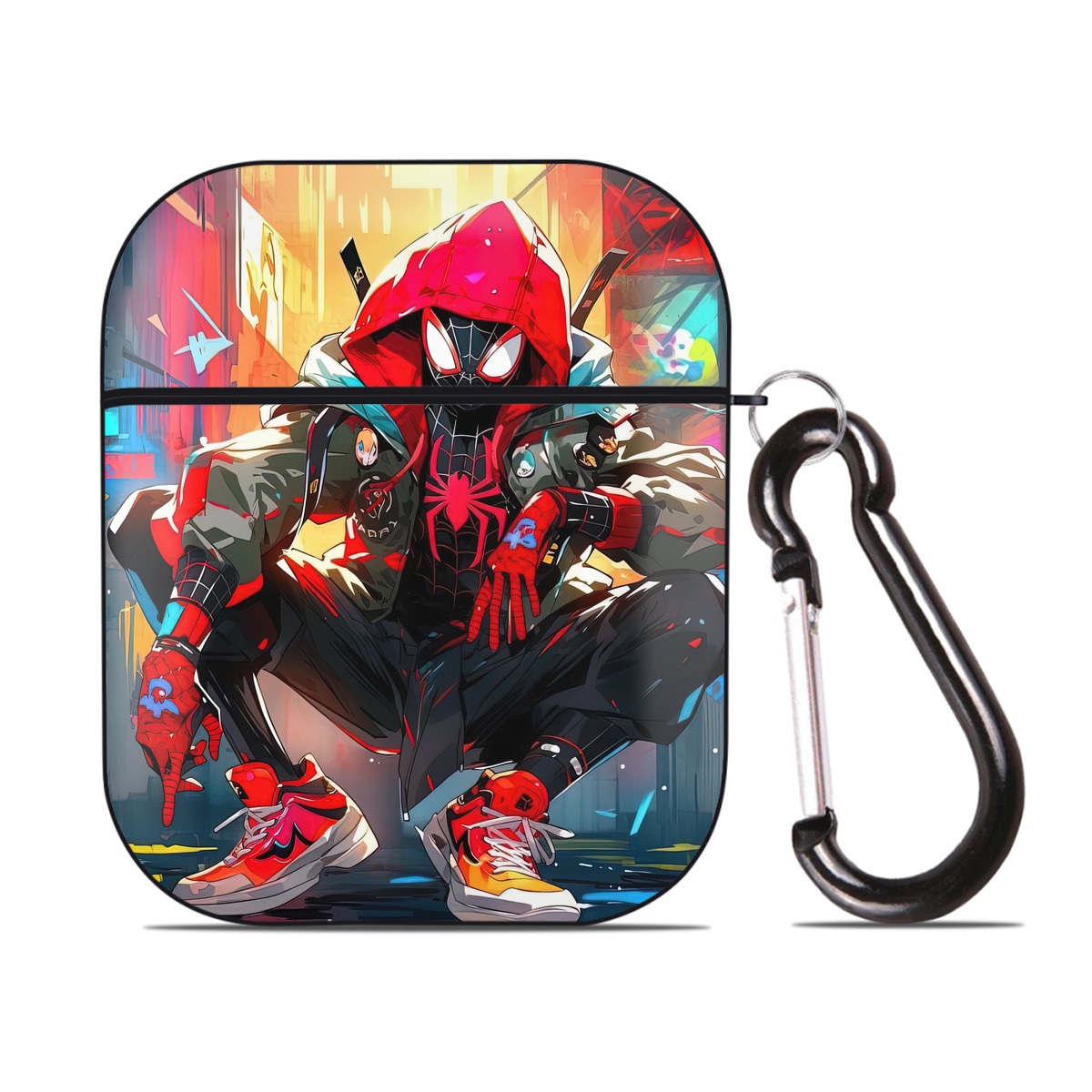 （画像用） Spider Man スパイダーマン AirPods 第2世代保護ケース ハードシェル ブラック 耐衝撃・防指紋・カラビナ付き