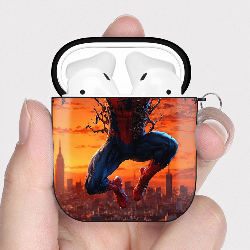 （画像用） Spider Man スパイダーマン AirPods 第2世代保護ケース ハードシェル ブラック 耐衝撃・防指紋・カラビナ付き