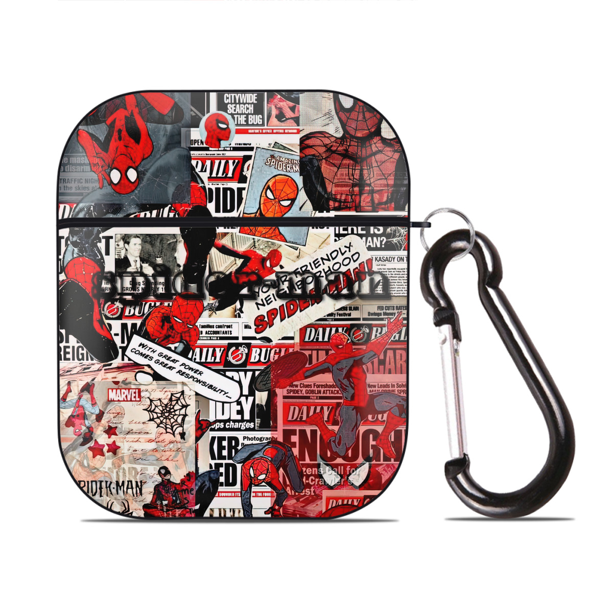 （画像用） Spider Man スパイダーマン AirPods 第2世代保護ケース ハードシェル ブラック 耐衝撃・防指紋・カラビナ付き