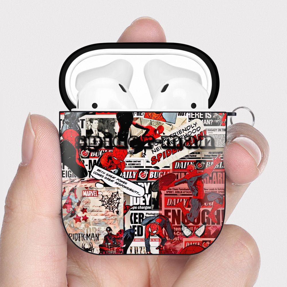 （画像用） Spider Man スパイダーマン AirPods 第2世代保護ケース ハードシェル ブラック 耐衝撃・防指紋・カラビナ付き