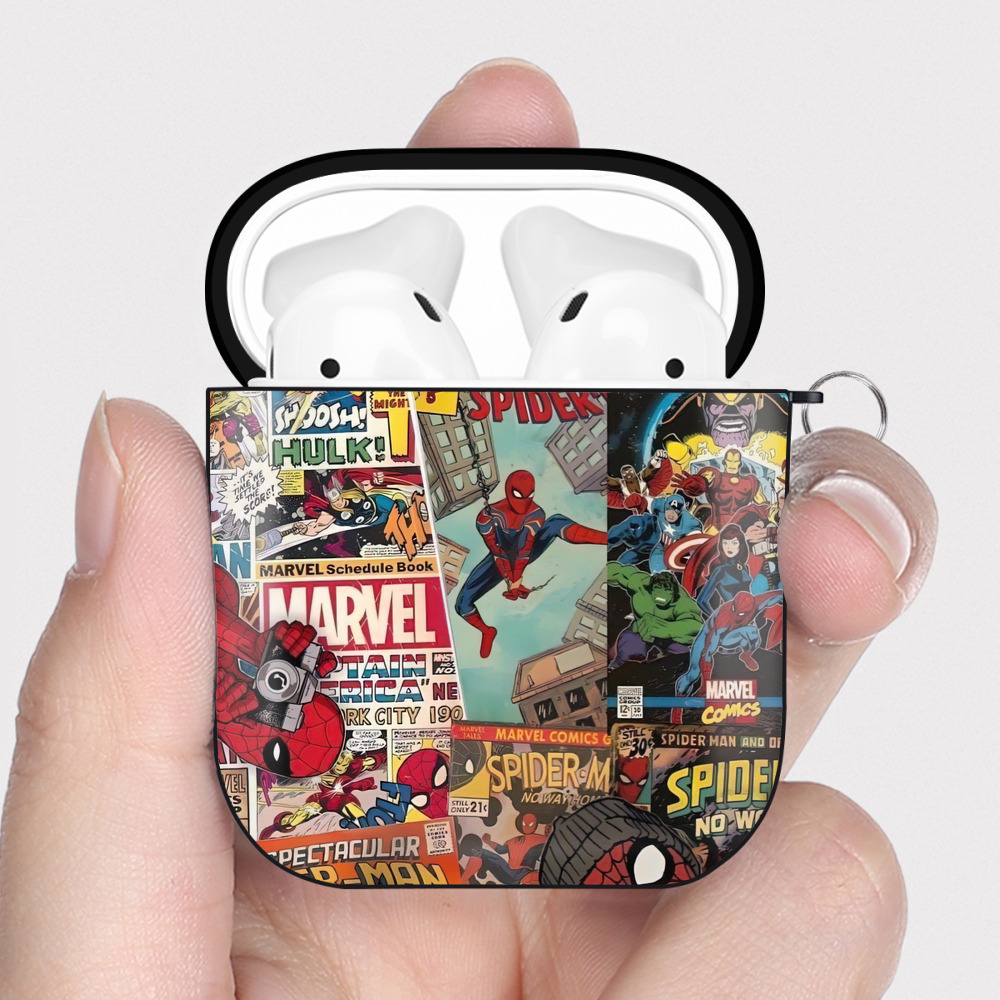 （画像用） Spider Man スパイダーマン AirPods 第2世代保護ケース ハードシェル ブラック 耐衝撃・防指紋・カラビナ付き