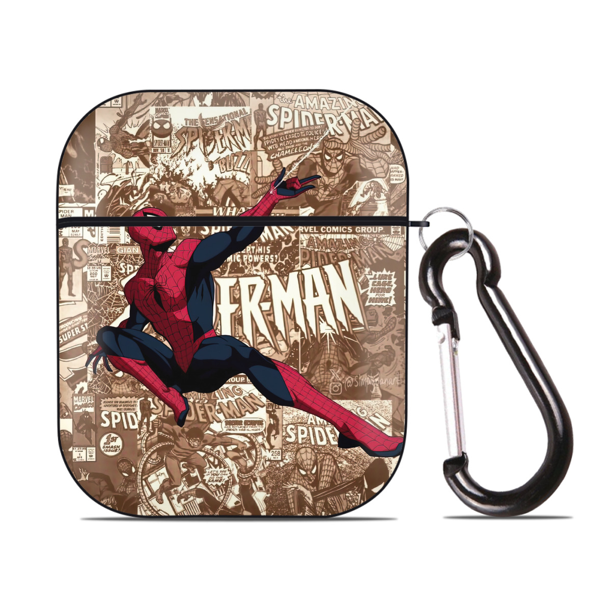 （画像用） Spider Man スパイダーマン AirPods 第2世代保護ケース ハードシェル ブラック 耐衝撃・防指紋・カラビナ付き
