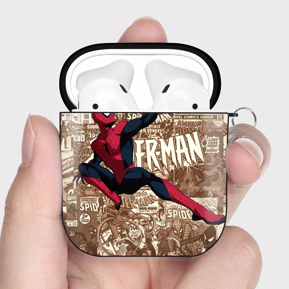 （画像用） Spider Man スパイダーマン AirPods 第2世代保護ケース ハードシェル ブラック 耐衝撃・防指紋・カラビナ付き