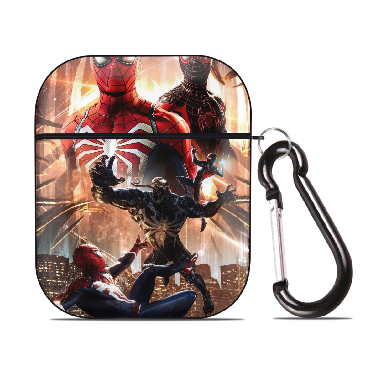 （画像用） Spider Man スパイダーマン AirPods 第2世代保護ケース ハードシェル ブラック 耐衝撃・防指紋・カラビナ付き