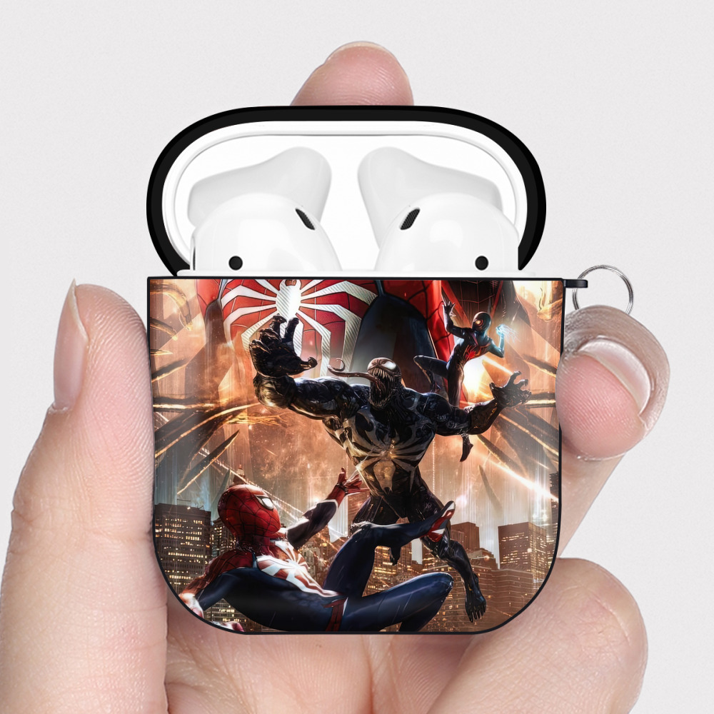 （画像用） Spider Man スパイダーマン AirPods 第2世代保護ケース ハードシェル ブラック 耐衝撃・防指紋・カラビナ付き